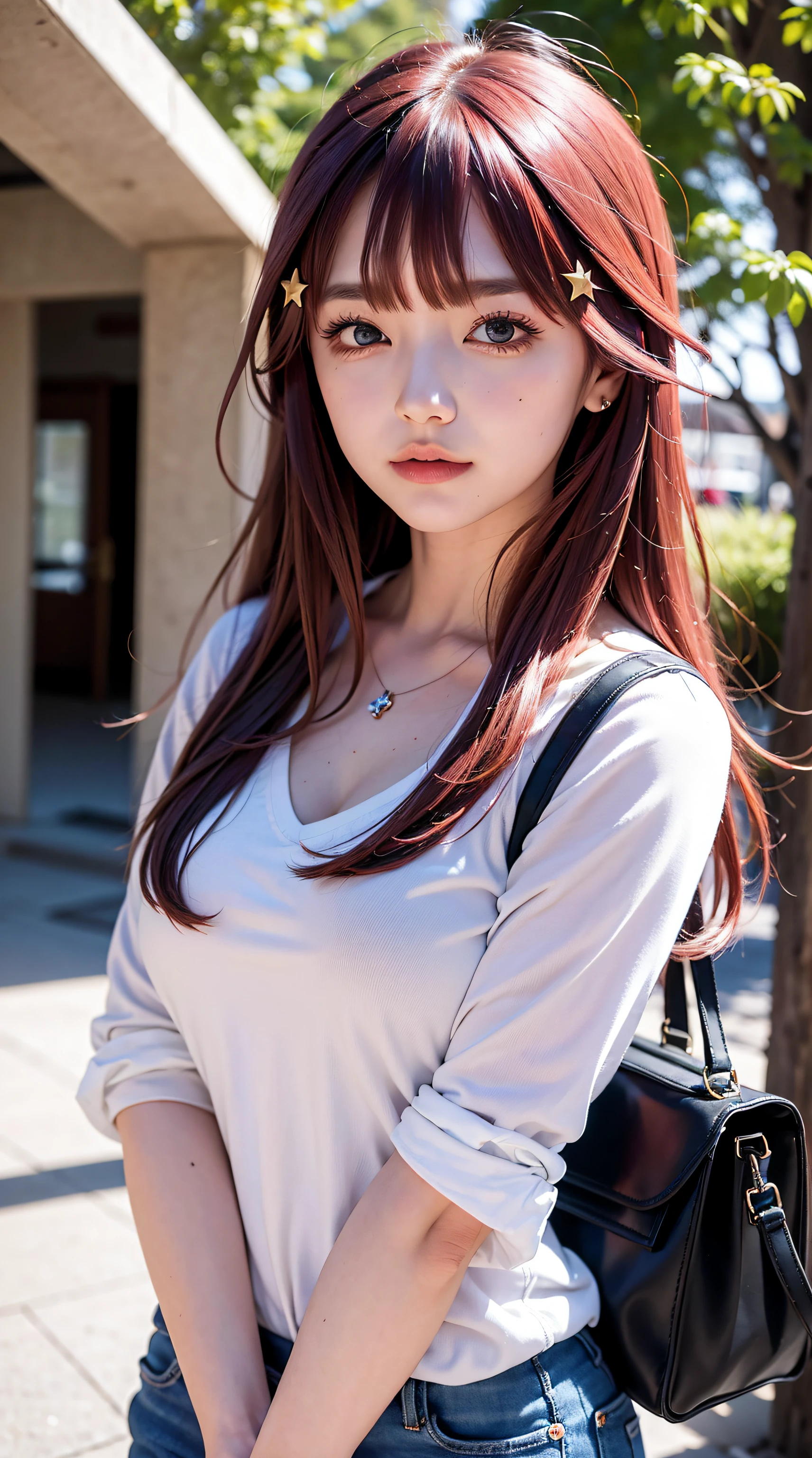 itsuki nakano, bangs, blue eyes, hair between eyes, ahoge, red hair, red hair, star \(symbol\), hair ornament, beautiful, beautiful woman, perfect body, perfect breasts, wearing a white shirt, black cardigan, long jeans , handbag, wearing a watch, wearing earrings, in class , at college, university, blackboard, looking at the viewer, a slight smile, realism, masterpiece, textured leather, super detail, high detail, high quality, best quality, 1080p , 16k