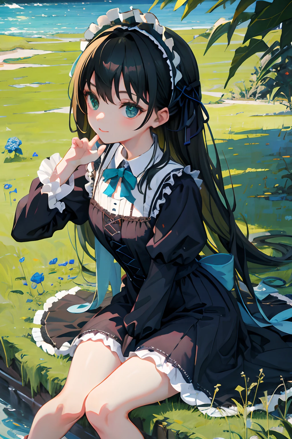 hand between legs,,(masterpiece,Highest Quality),Blue-green Gothic Lolita,Pasture,A dark-haired