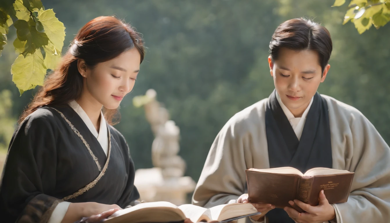 (Best Quality,Ultra-detailed,realisitic:1.37),portrait of a,Korean men and women reading the Bible,Oil Painting,Cathedral attire, View of the cathedral in the distance,Peaceful garden scene,Soft sunlight,tranquil expression,wisdom,Bible Quotes,vibrant colours,delicate brushwork,subtle textures,lush greenery,Contemplative atmosphere,Beautiful picture book,Highlighted features:Eyes in focus,gentle smiling,Graceful posture,Sunlight shining through the trees,rays,Quiet surroundings,serene ambiance,A Blessed Moment