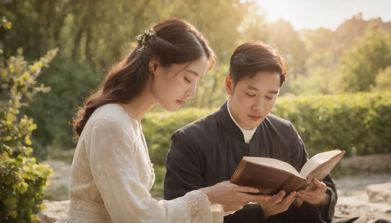 (Best Quality,Ultra-detailed,realisitic:1.37),portrait of a,Korean men and women reading the Bible,Oil Painting,Cathedral attire, View of the cathedral in the distance,Peaceful garden scene,Soft sunlight,tranquil expression,wisdom,Bible Quotes,vibrant colours,delicate brushwork,subtle textures,lush greenery,Contemplative atmosphere,Beautiful picture book,Highlighted features:Eyes in focus,gentle smiling,Graceful posture,Sunlight shining through the trees,rays,Quiet surroundings,serene ambiance,A Blessed Moment