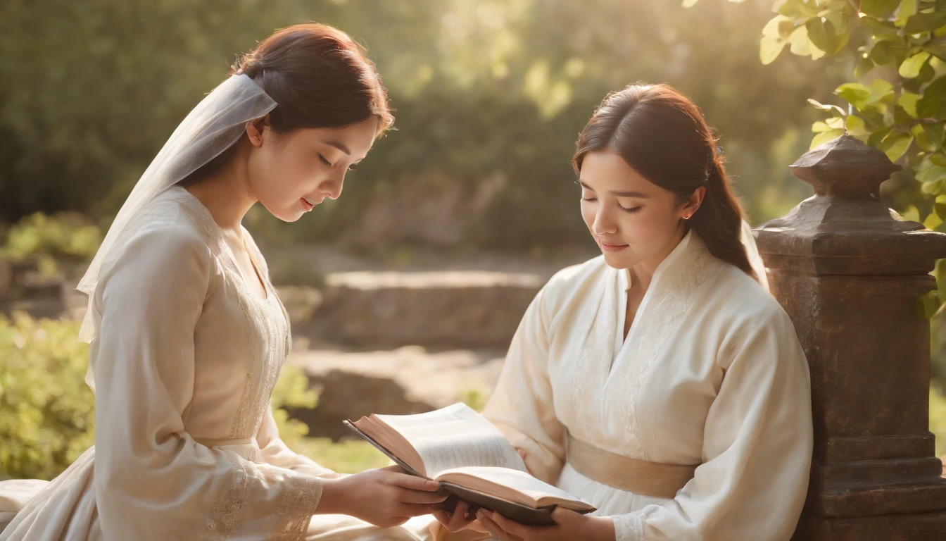 (Best Quality,Ultra-detailed,realisitic:1.37),portrait of a,Korean men and women reading the Bible,Oil Painting,Cathedral attire, View of the cathedral in the distance,Peaceful garden scene,Soft sunlight,tranquil expression,wisdom,Bible Quotes,vibrant colours,delicate brushwork,subtle textures,lush greenery,Contemplative atmosphere,Beautiful picture book,Highlighted features:Eyes in focus,gentle smiling,Graceful posture,Sunlight shining through the trees,rays,Quiet surroundings,serene ambiance,A Blessed Moment