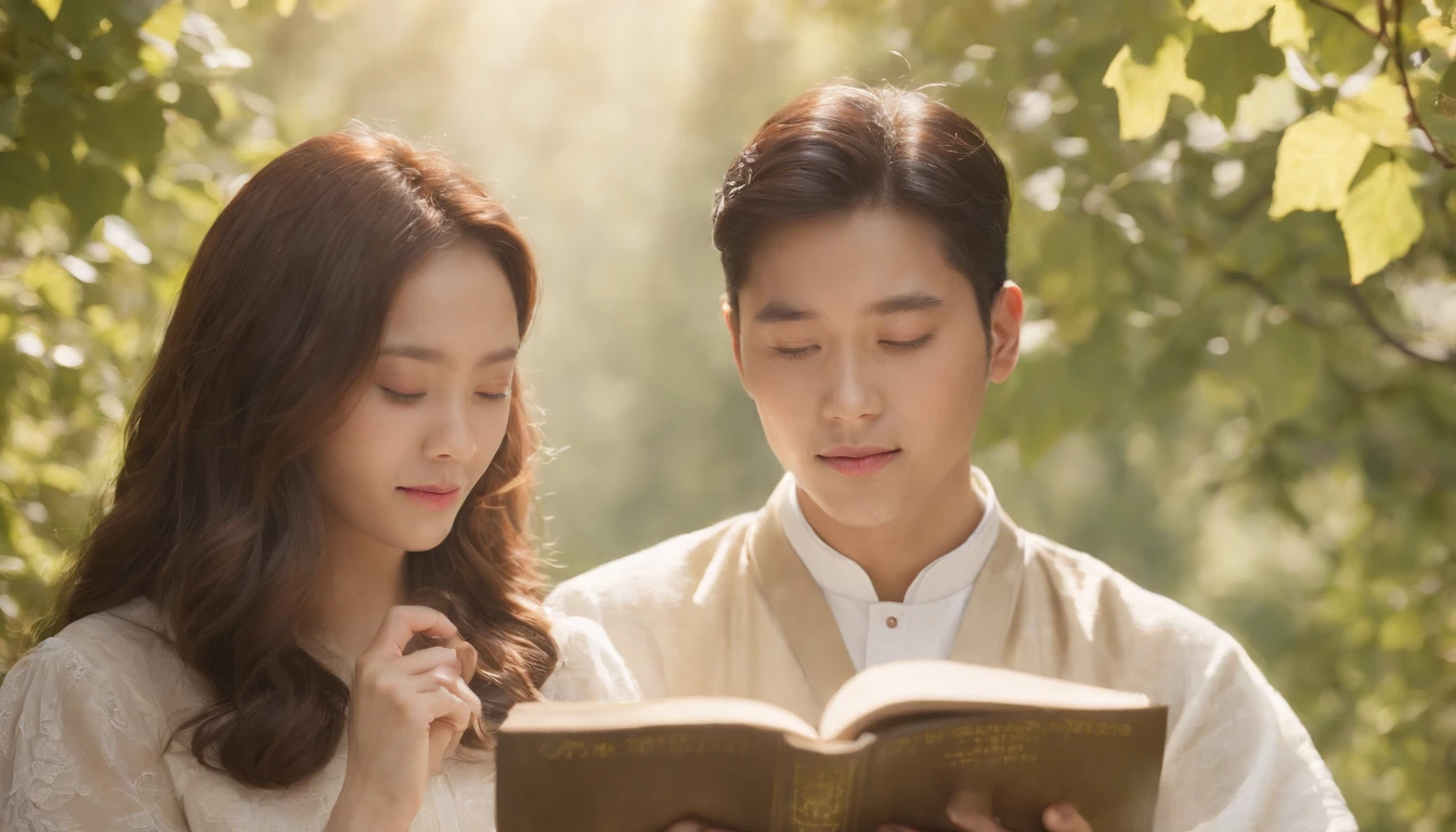 (Best Quality,Ultra-detailed,realisitic:1.37),portrait of a,Korean men and women reading the Bible,Oil Painting,Cathedral attire, View of the cathedral in the distance,Peaceful garden scene,Soft sunlight,tranquil expression,wisdom,Bible Quotes,vibrant colours,delicate brushwork,subtle textures,lush greenery,Contemplative atmosphere,Beautiful picture book,Highlighted features:Eyes in focus,gentle smiling,Graceful posture,Sunlight shining through the trees,rays,Quiet surroundings,serene ambiance,A Blessed Moment