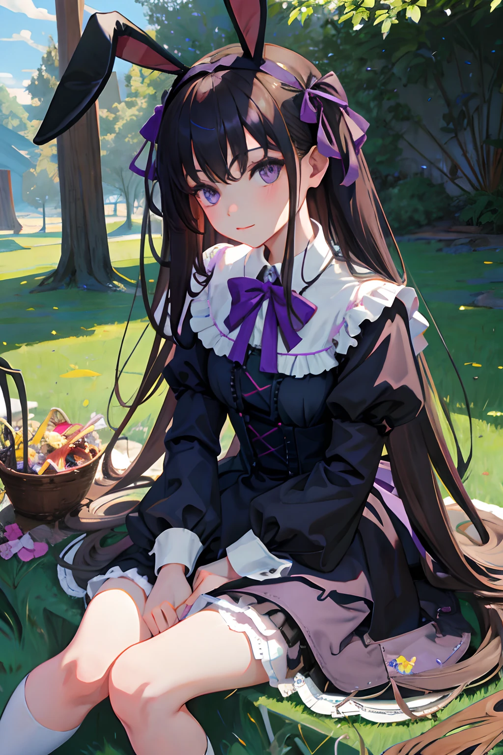 hand between legs，，（​masterpiece，Highest Quality），Rabbit ears，Purple Gothic Lolita，Pasture，A dark-haired