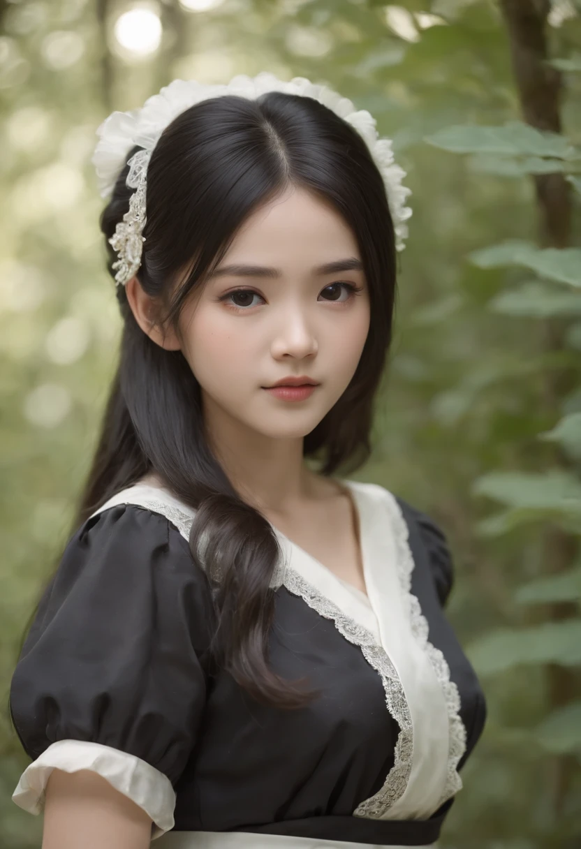 japanese girl, in forest, cute baby-FACED japanese girl, cute face, cute maid outfit, in daylight, long black hair, soft hair, doll-faced, dark pretty eyelashes, downturned nose bridge, button nose