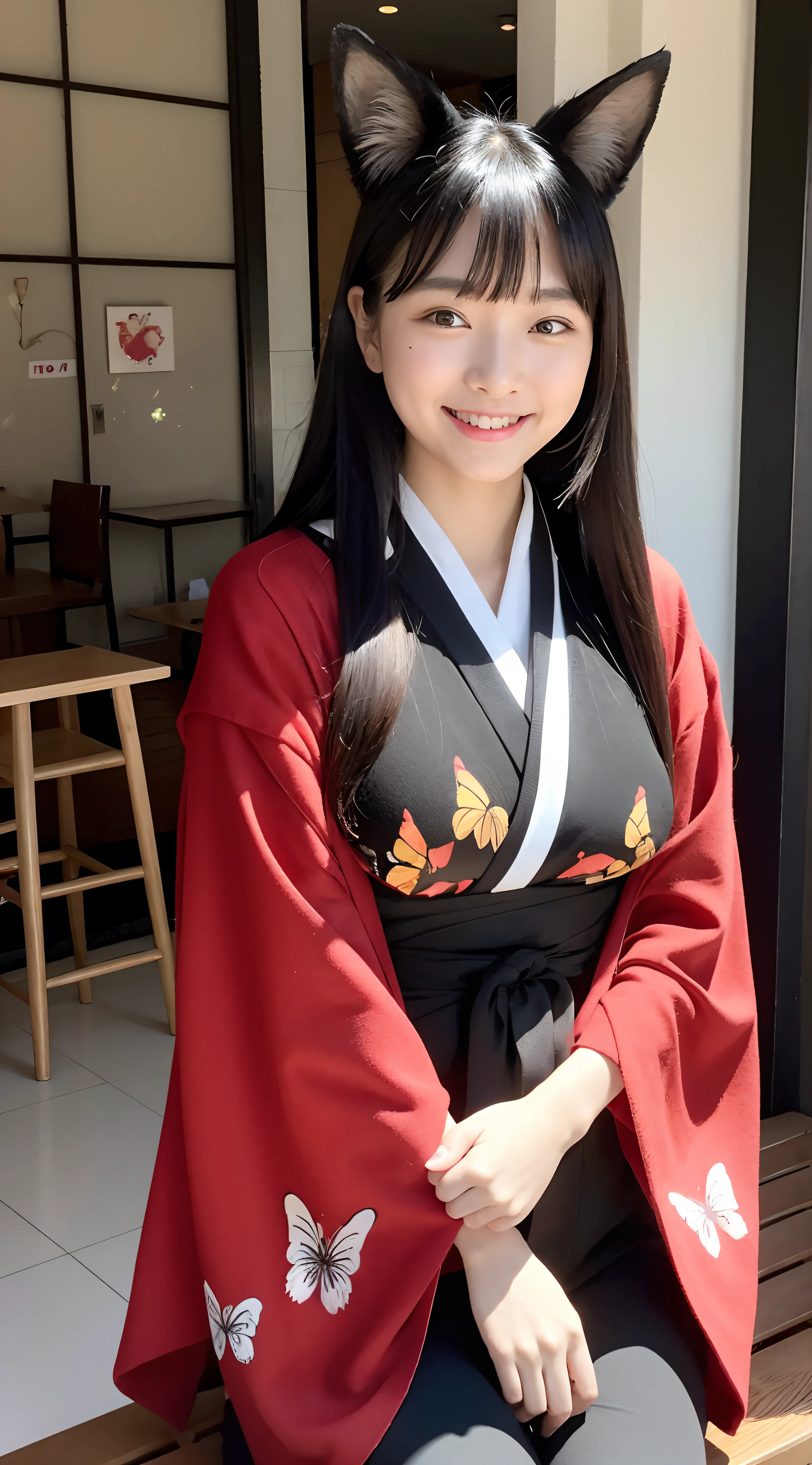 Beautiful Japan kimono、Beautiful red band、Butterfly print priestess costume、outside of house、Golden Eyes、Black fox ears、Odaiba cityscape、Sitting neatly on a bench in front of the store、Eating sweets and smiling happily、during daytime、15yo student、Semi-long、large full breasts、You can see the big tail of the black fox、Black nails、Smiling、masterpiece、Real Light、Human ears are hidden by hair、Noble lady、