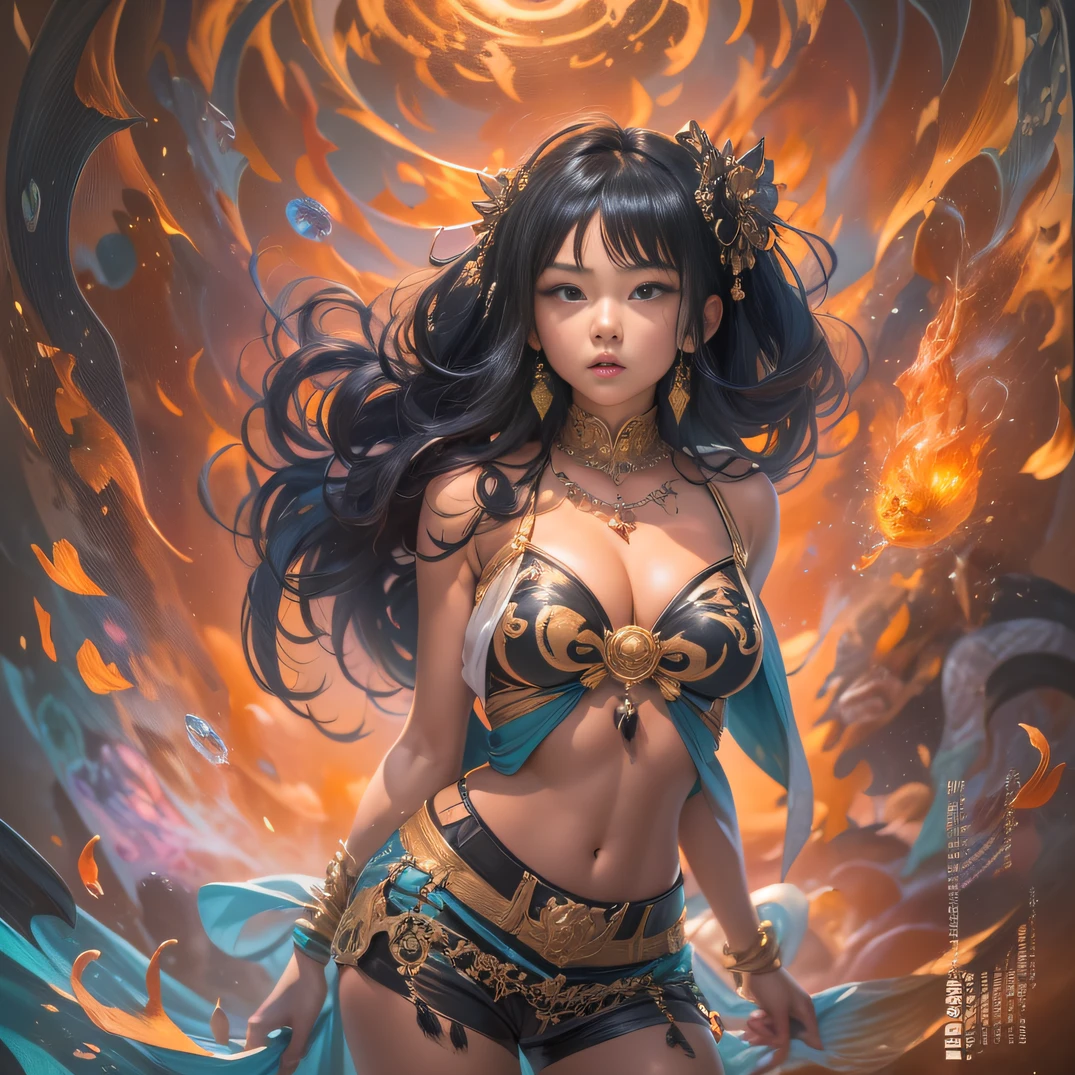 (Girl with bright black hair)(Best quality, A high resolution, Vivid colors, (Cartoon Goddess), (comic strip))Forged hammer pattern，Wear silver bikini fringed shorts and a tassel necklace
，oguchi，sedate，massiness，Shiny and warm，Flowing silk cape