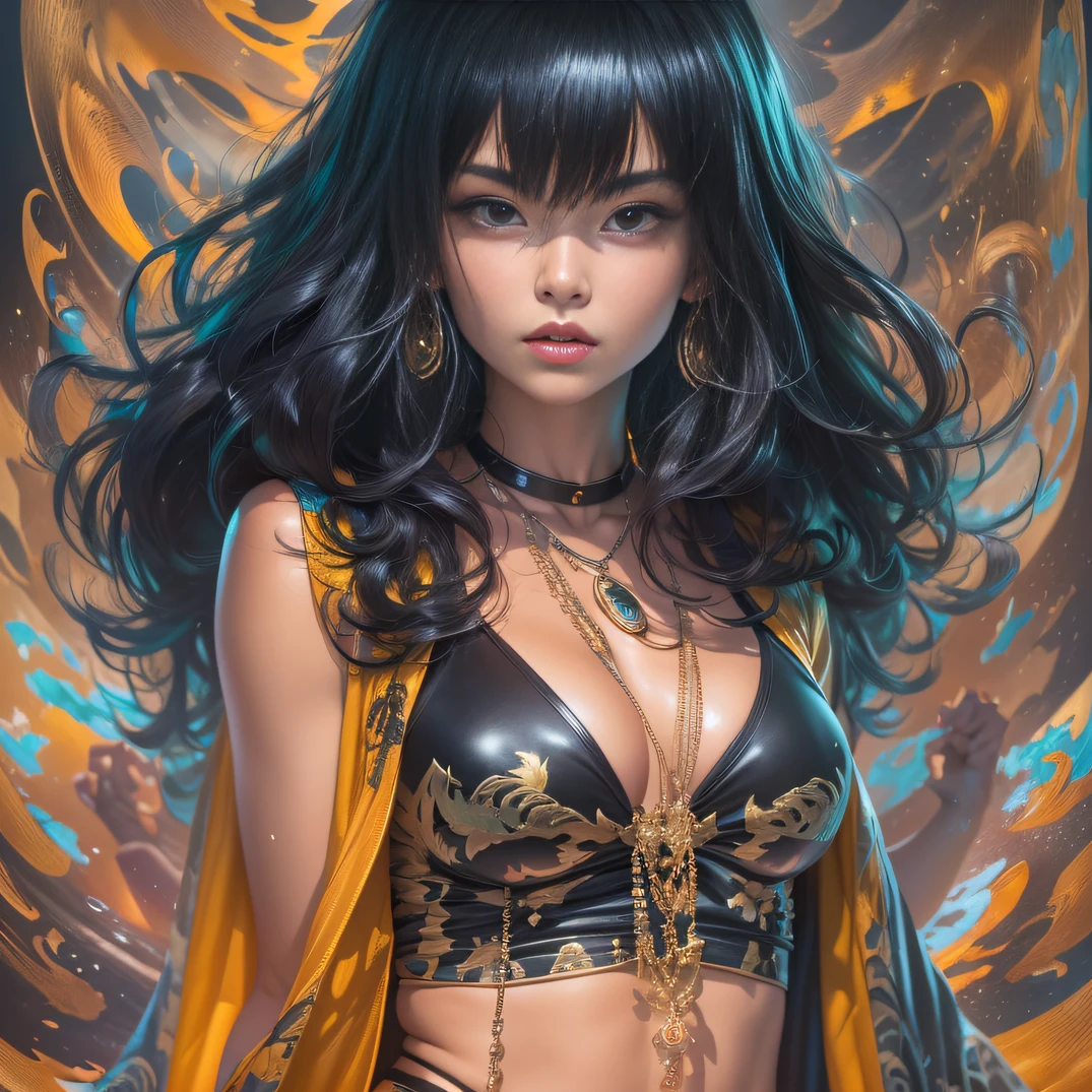 (Girl with bright black hair)(Best quality, A high resolution, Vivid colors, (Cartoon Goddess), (comic strip))Forged hammer pattern,Wear silver bikini fringed shorts and a tassel necklace
,oguchi,sedate,massiness,Shiny and warm,Flowing silk cape