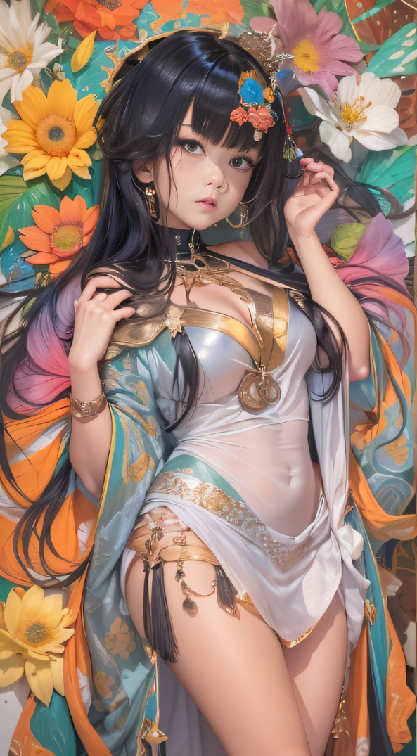 (Girl with bright black hair)(Best quality, A high resolution, Vivid colors, (Cartoon Goddess), (comic strip))Forged hammer pattern，Wear silver bikini fringed shorts and a tassel necklace
，oguchi，sedate，massiness，Shiny and warm，Flowing silk cape，Linen waist large flower bath towel