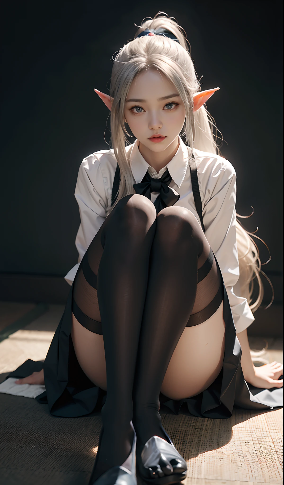 （Extremely normal body：2.0）Japanese-style town：1 Elf beauty，JK school uniform，(Elf long ears)，Short silver-white hair，Half-tied ponytail。Uniform for female high school students)，Short plaid skirt，Stretch your feet，Black short stockings，Black socks, Black socks，Translucent black socks，Jade foot，soles of feet，Normal feet ， very detailed eyes and faces， Sharp pupils， realistic pupil， tack sharp focus， cinmatic lighting，full bodyesbian，Bigboobs，long leges，From the front side，dynamicposes，Normal posture，closeup of face