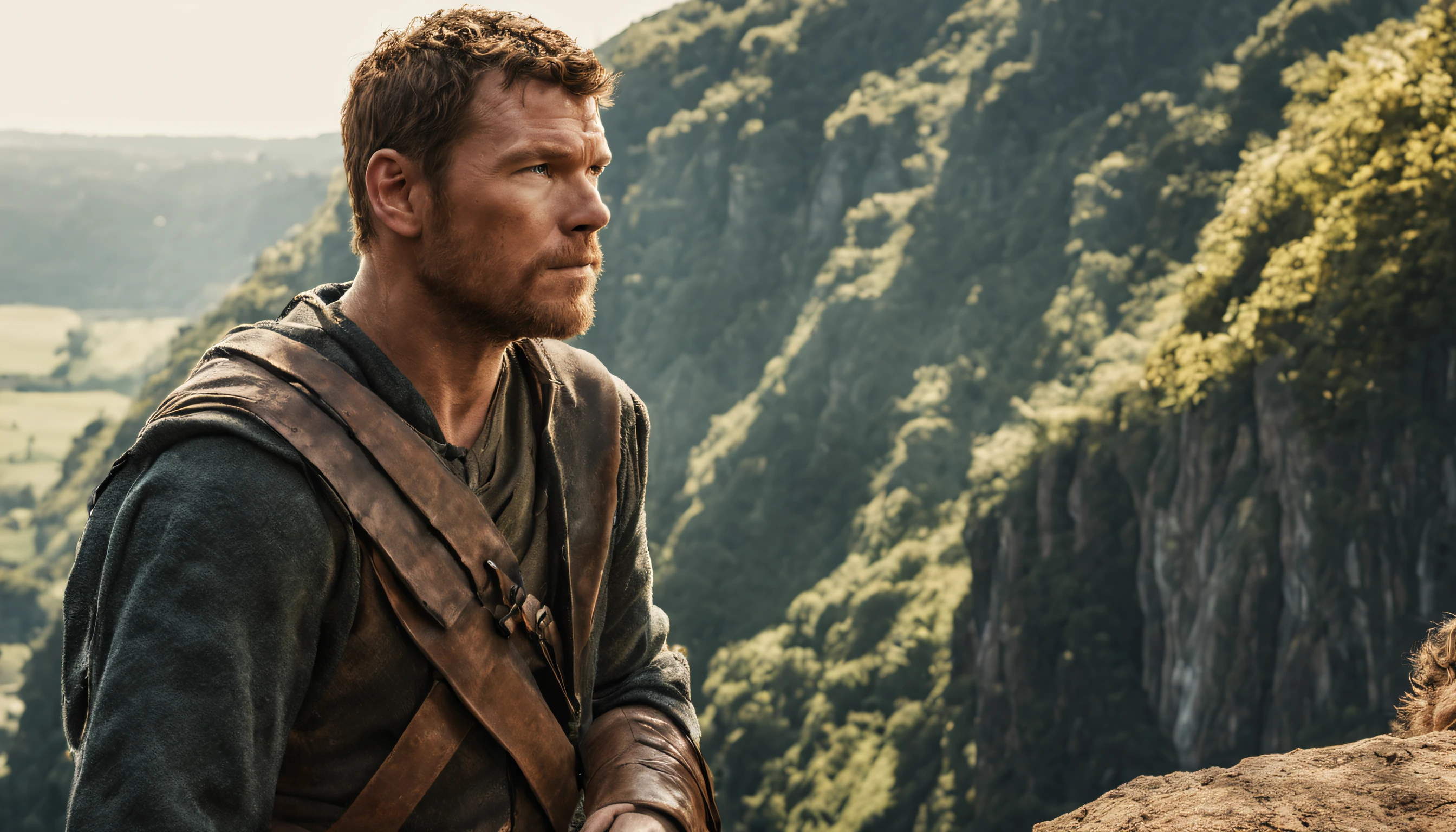 Imagem detalhada de Sam Worthington. He's on actor Sam Worthington's side climbing a cliff, ambiente da selva mitologia grega. Foco no rosto. Clear expression. veste antiga. medieval setting