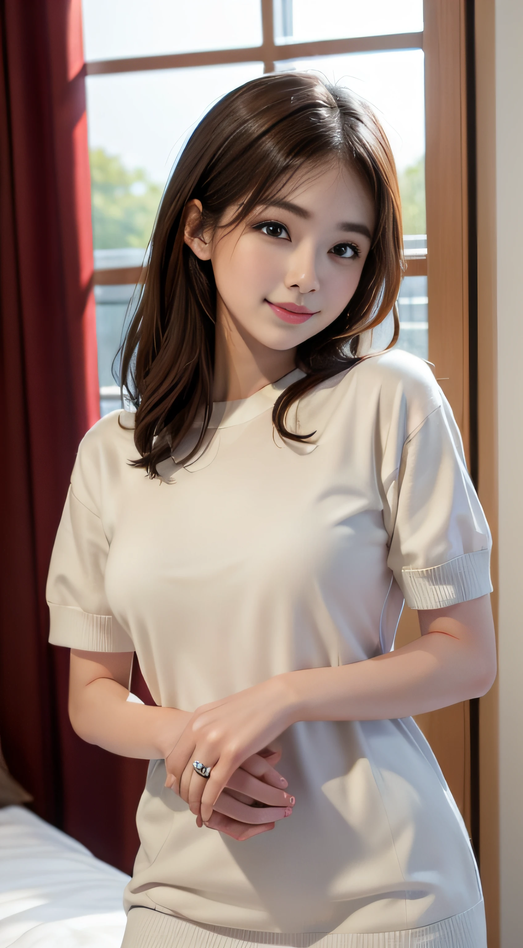 masterpiece、Top image quality:1.2、((beautiful young woman with))、Transparent skin:1.2、{A slight smil}、(kawaii)、Short sleeve knit、luxury hotel、depth of fields