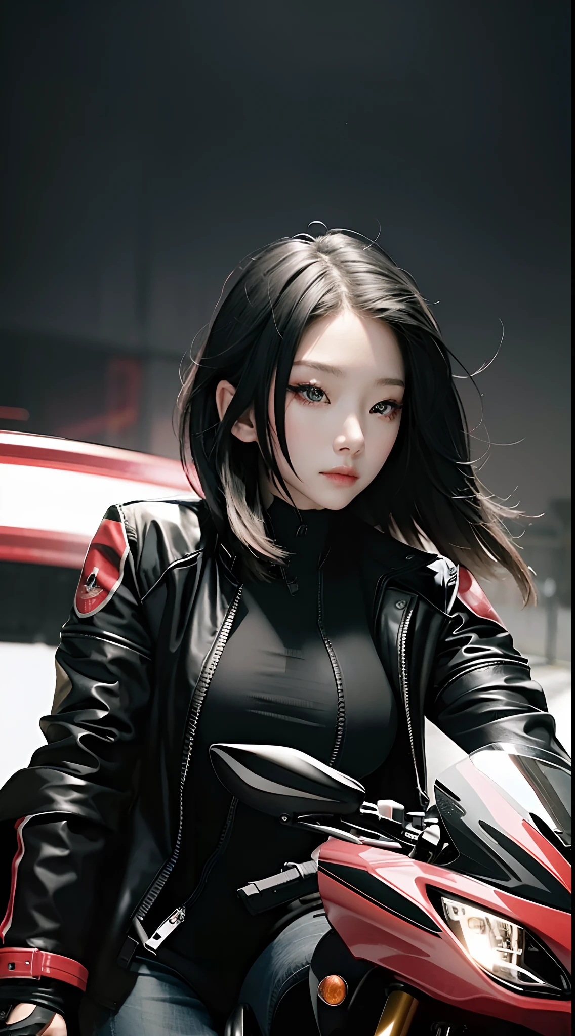 Motorcycle girl，Black CG coat，Red motorcycle，Night tunnel，Highest image quality，Outstanding details，超高分辨率，（fidelity：1.4），The best illustration，Favor the details，Highly cohesive 1girl，He has a delicate and beautiful face，Dressed in black and white mechs，
