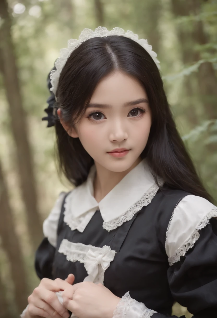 japanese girl, in forest, cute baby-FACED japanese girl, cute face, cute maid outfit, in daylight, long black hair, soft hair, doll-faced, dark pretty eyelashes, downturned nose bridge, button nose, sweet girl, lovely japanese girl, pretty japanese girl, round soft facial features