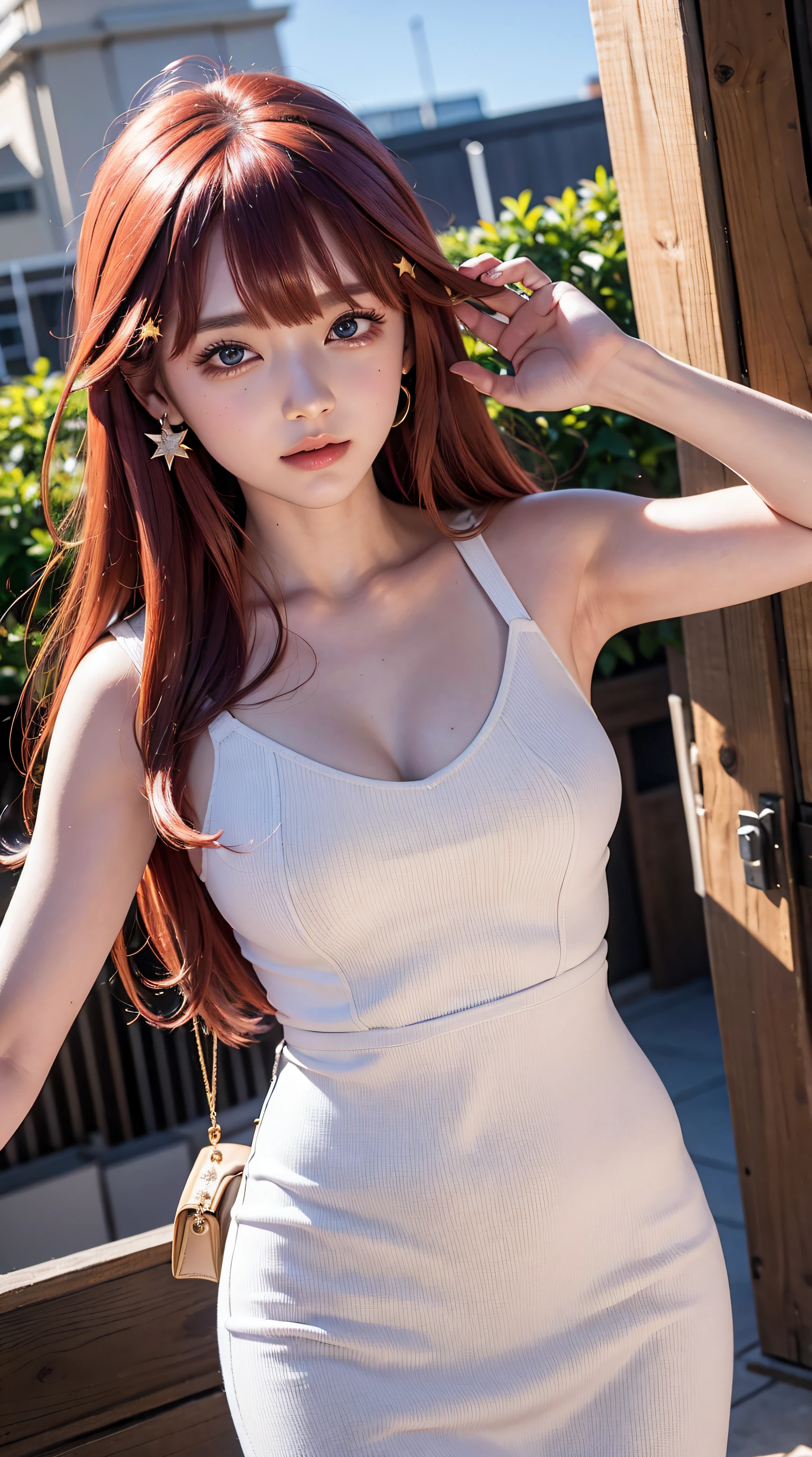 itsuki nakano, bangs, blue eyes, hair between eyes, ahoge, red hair, red hair, star \(symbol\), hair ornament, perfect body, perfect breasts, wearing a white dress, luxurious, beautiful, expensive, very beautiful, brings bag, wearing a watch, wearing earrings, walking the red carpet, red carpet, looking at the audience, a slight smile, realism, masterpiece, textured leather, super detailed, high detail, high quality, best quality, 1080p, 16k