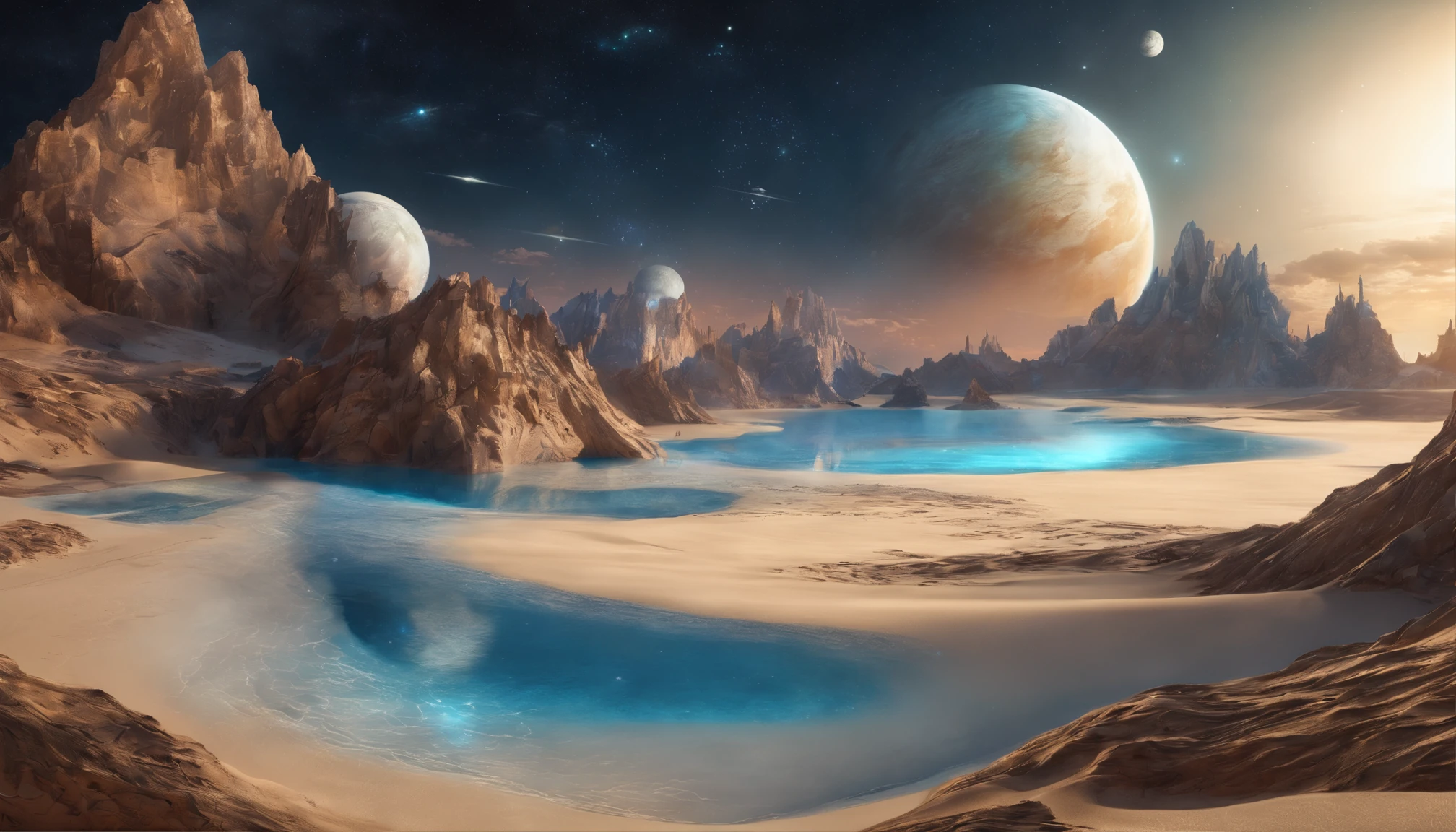 huge planet, the night, starrysky, surrealism, masutepiece, hight resolution、Impressive Milky Way:1.9、sand beach、Vast blue ocean、Blue glacier、lightning bolt:1.9、Protoplanets、Pure beauty