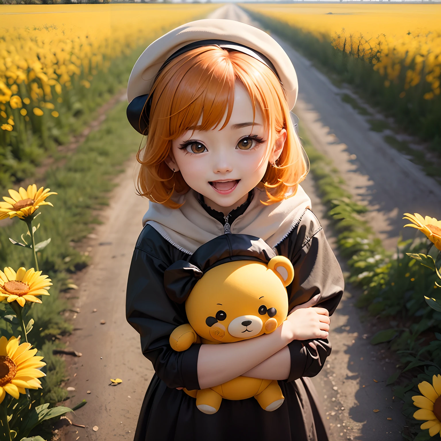 masterpiece、top-quality、ultra-detailliert、(Chibi Chara's Daughter:1.2)、Open your mouth and smile、Orange hair color、Yellow beret、wraith、Orange and yellow Marguerite field、Hugging a yellow stuffed animal、Standing、