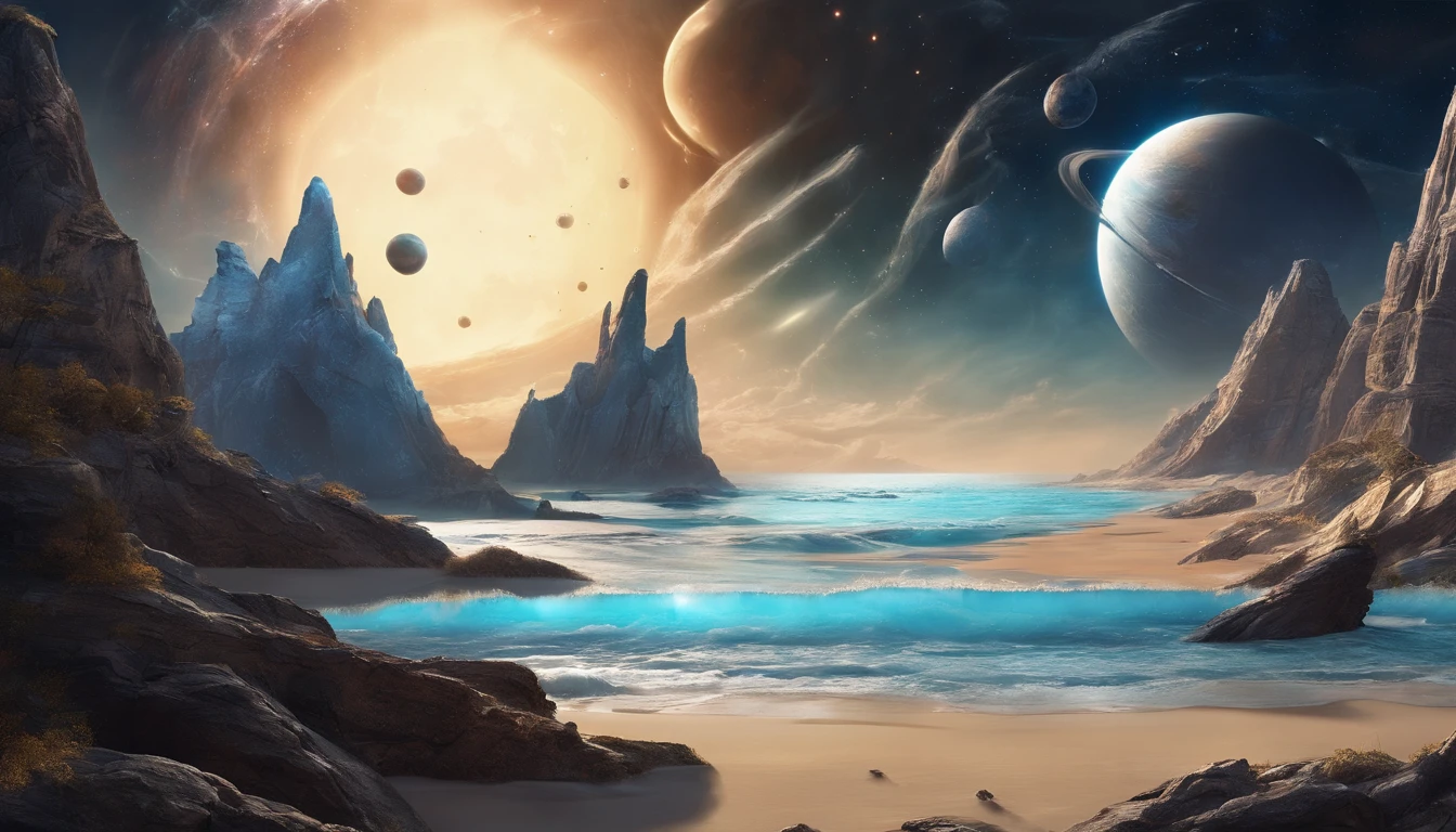 huge planet, the night, starrysky, surrealism, masutepiece, hight resolution、Impressive Milky Way:1.9、sand beach、Vast blue ocean、Blue glacier、lightning bolt:1.9、Protoplanets、pure beauty