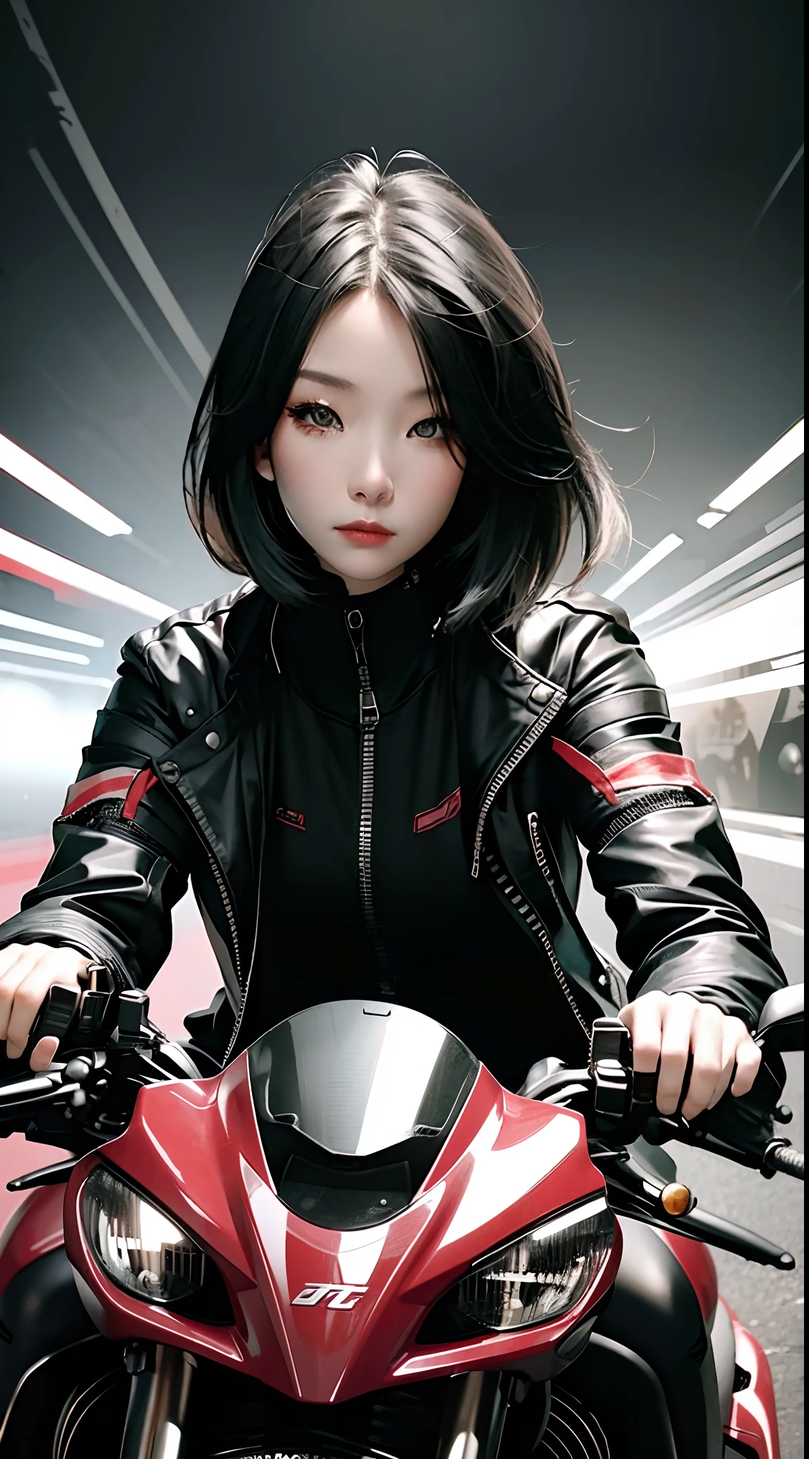 Motorcycle girl，Black CG coat，Red motorcycle，Night tunnel，Highest image quality，Outstanding details，超高分辨率，（fidelity：1.4），The best illustration，Favor the details，Highly cohesive 1girl，He has a delicate and beautiful face，Dressed in black and white mechs，