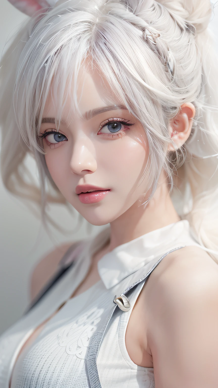 Close up portrait of woman in white vest and skirt, light milky white porcelain skin, smooth translucent white skin, A seductive anime girl, beautiful and seductive anime woman, ultrarealistic sweet bunny girl, pale porcelain white skin, Smooth and realistic perfect body, Anime girl cosplay, realistic shadow perfect body, guweiz masterpiece