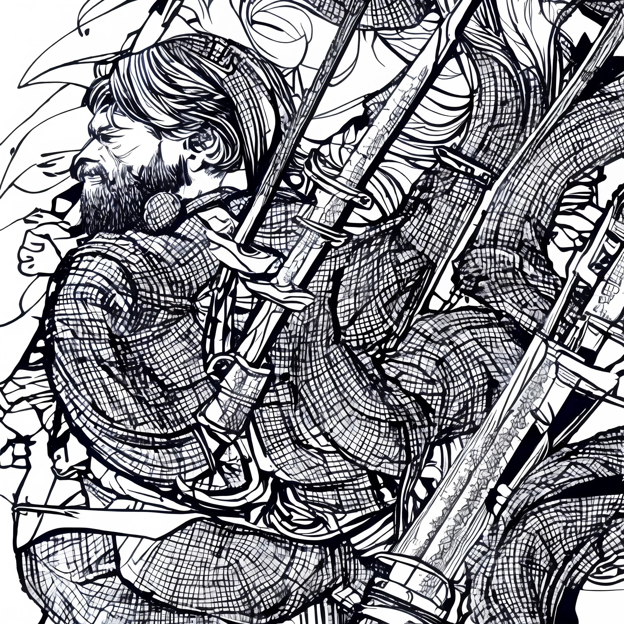 Characters Male Long Hair Ink Style Black White Gray Martial Arts Fantasy Sword Drawing Upper Body Close-up