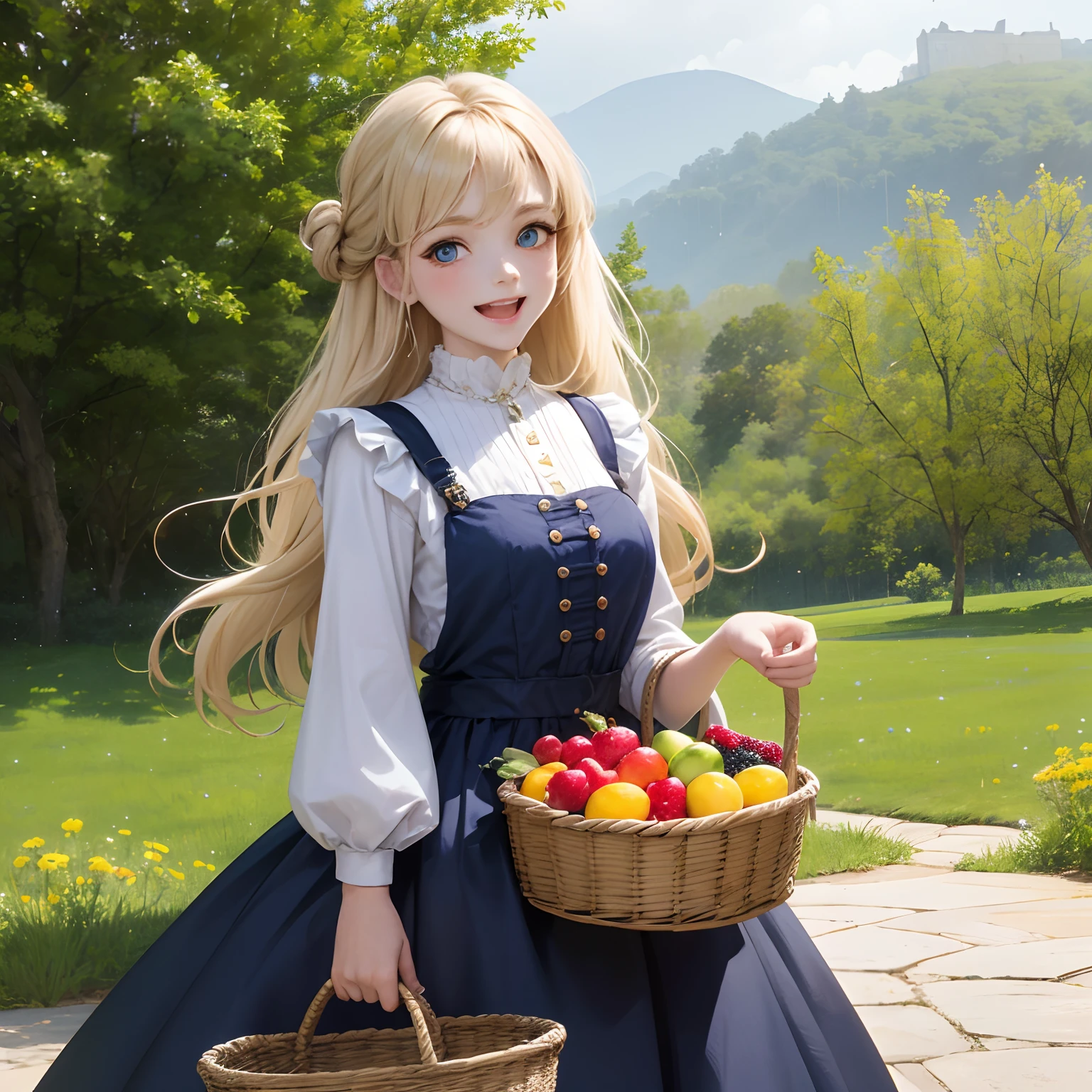 finest image, cute female, pick the fruits and put them in the basket, laugh, happy, shy, light blonde glossy updo braided iridescent hair style, sparkling blue big eyes, great proportion, medieval dress, background meadow on the hill, clear skies, sun and sunlight, rain and raindrops, professional lighting