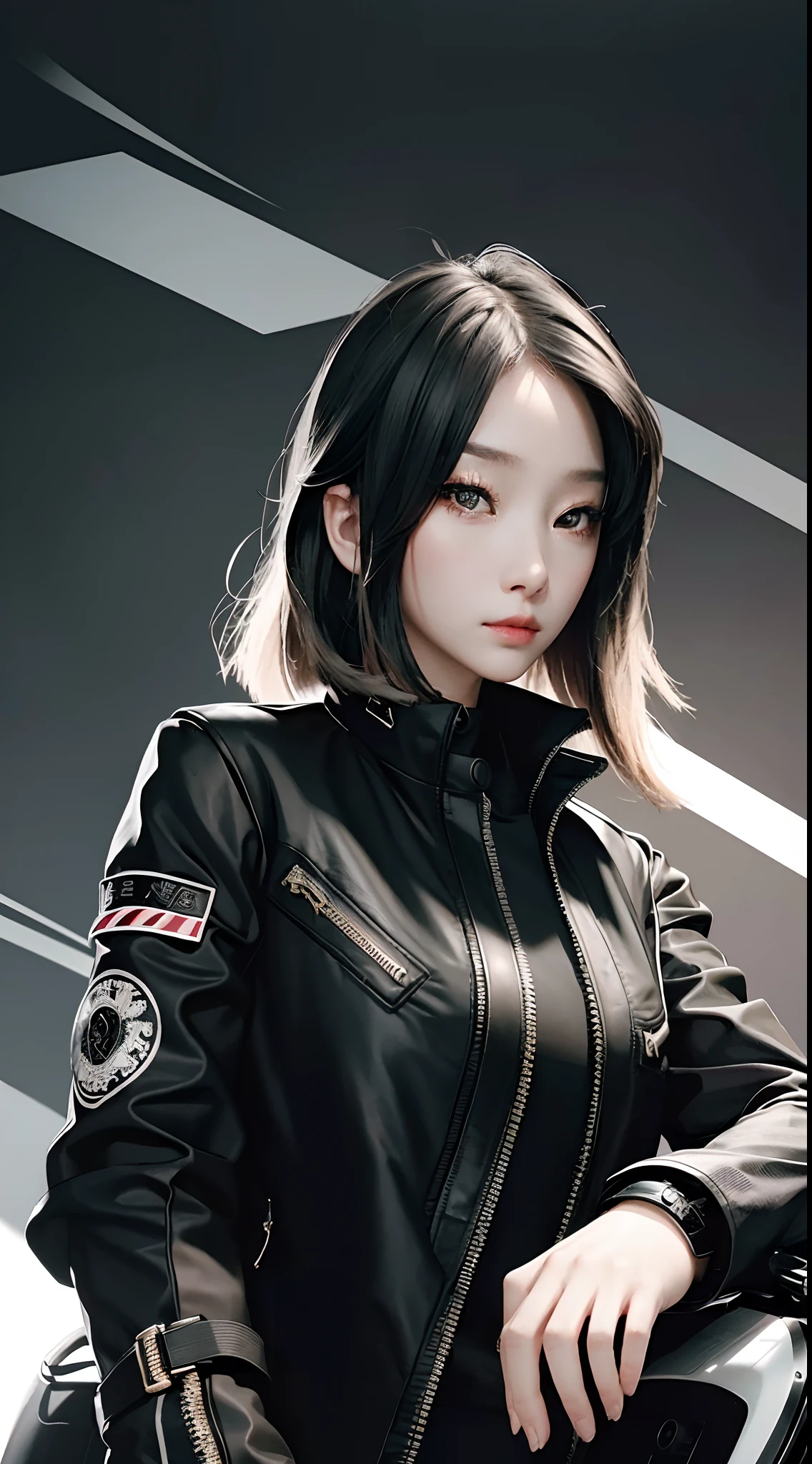 Motorcycle girl,Black CG coat,Highest image quality,Outstanding details,超高分辨率,(fidelity:1.4),The best illustration,Favor the details,Highly cohesive 1girl,He has a delicate and beautiful face,Dressed in black and white mechs,