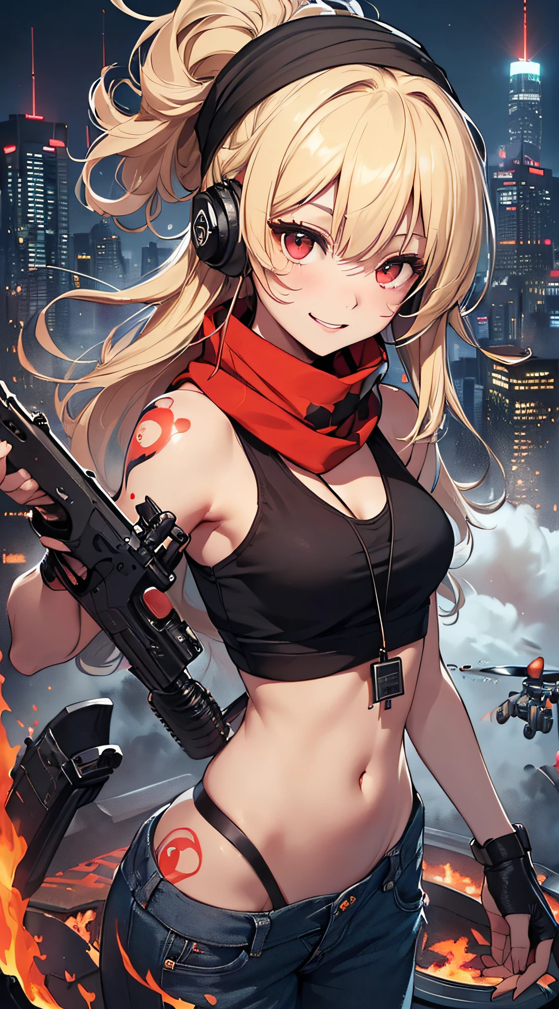 top-quality、Top image quality、​masterpiece、girl with((18year old、Blue navel tank top、Military pants、Best Bust、Bust 90、Blonde Away Tail、Red Eyes、open chest wide、Valley、Happiness、A slender、ssmile、black bandana、Holding a revolver in your right hand,Earphone jack in ear、Red Body Paint、Shooter、Black scarf、dog tag、a little muscular、nffsw、Point the gun forward、)）hiquality、Beautiful Art、Background with((Survival Games、Burning smoke、drone、nightcity))、masutepiece、Elaborate design、visualart、