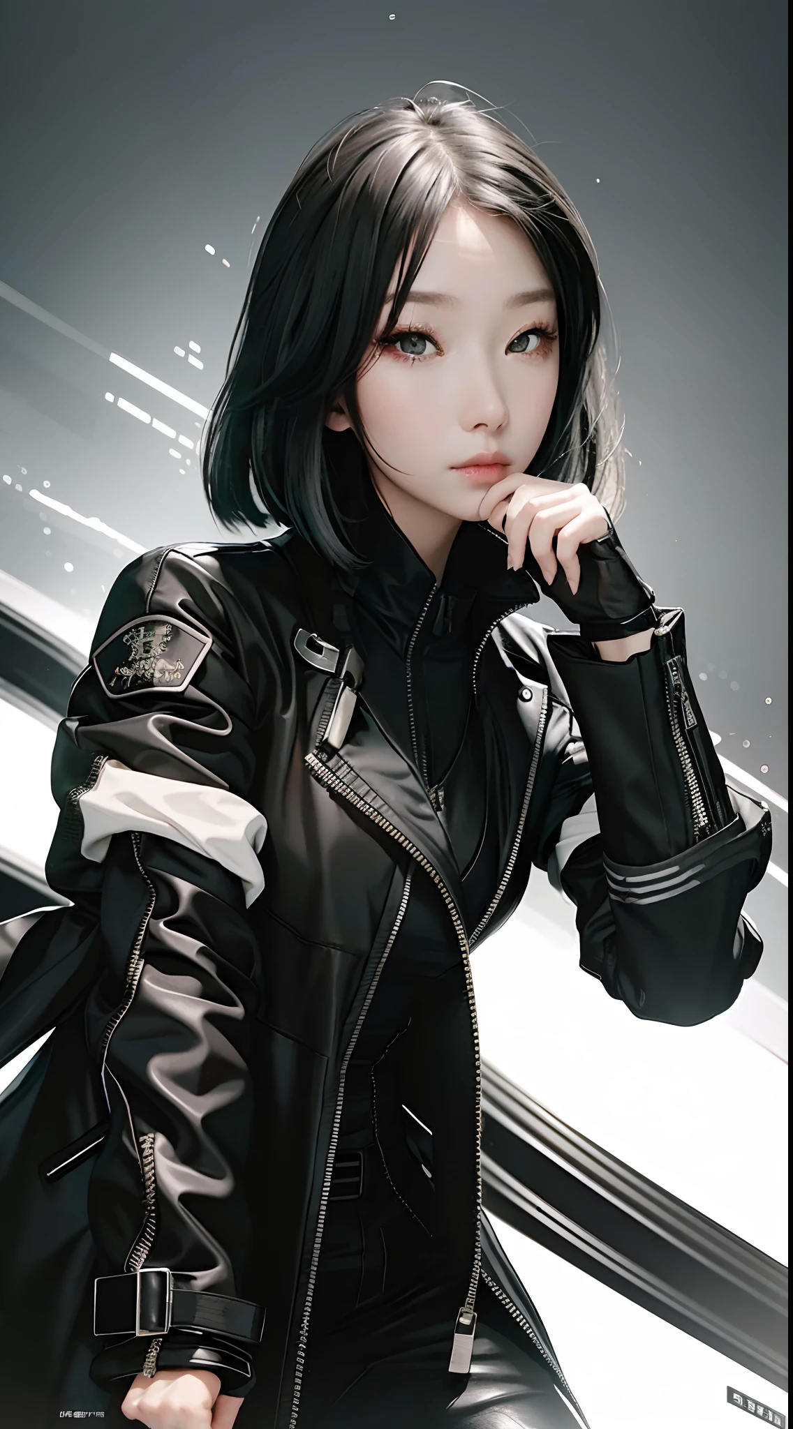 Motorcycle girl,Black CG coat,Highest image quality,Outstanding details,超高分辨率,(fidelity:1.4),The best illustration,Favor the details,Highly cohesive 1girl,He has a delicate and beautiful face,Dressed in black and white mechs,