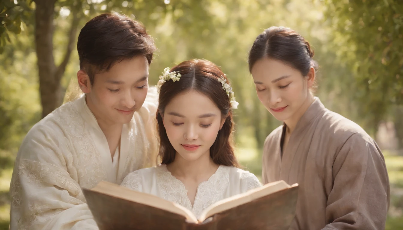 (Best Quality,Ultra-detailed,realisitic:1.37),portrait of a,Korean men and women reading the Bible,Oil Painting,Cathedral attire, View of the cathedral in the distance,Peaceful garden scene,Soft sunlight,tranquil expression,wisdom,Bible Quotes,vibrant colours,delicate brushwork,subtle textures,lush greenery,Contemplative atmosphere,Beautiful picture book,Highlighted features:Eyes in focus,gentle smiling,Graceful posture,Sunlight shining through the trees,rays,Quiet surroundings,serene ambiance,A Blessed Moment