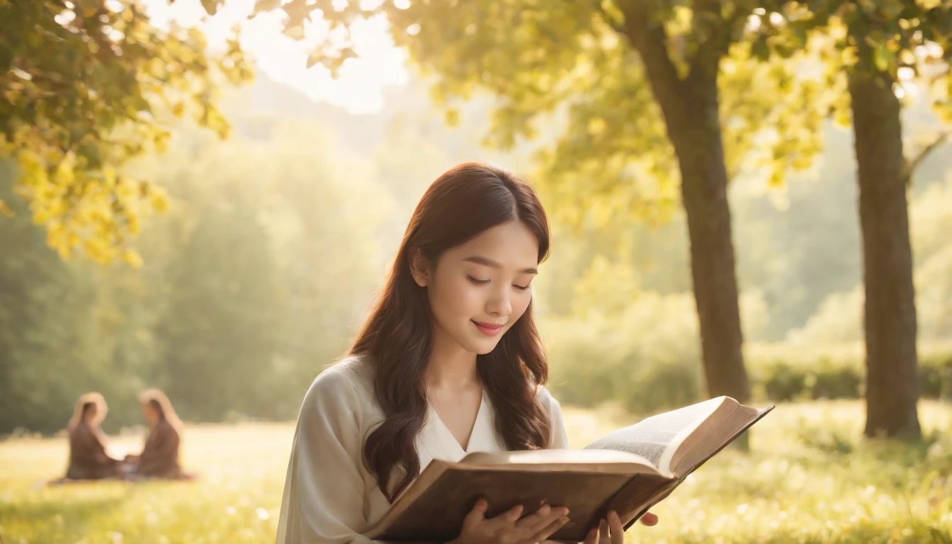 (Best Quality,Ultra-detailed,realisitic:1.37),portrait of a,Korean men and women reading the Bible,Oil Painting,Cathedral attire, View of the cathedral in the distance,Peaceful garden scene,Soft sunlight,tranquil expression,wisdom,Bible Quotes,vibrant colours,delicate brushwork,subtle textures,lush greenery,Contemplative atmosphere,Beautiful picture book,Highlighted features:Eyes in focus,gentle smiling,Graceful posture,Sunlight shining through the trees,rays,Quiet surroundings,serene ambiance,A Blessed Moment