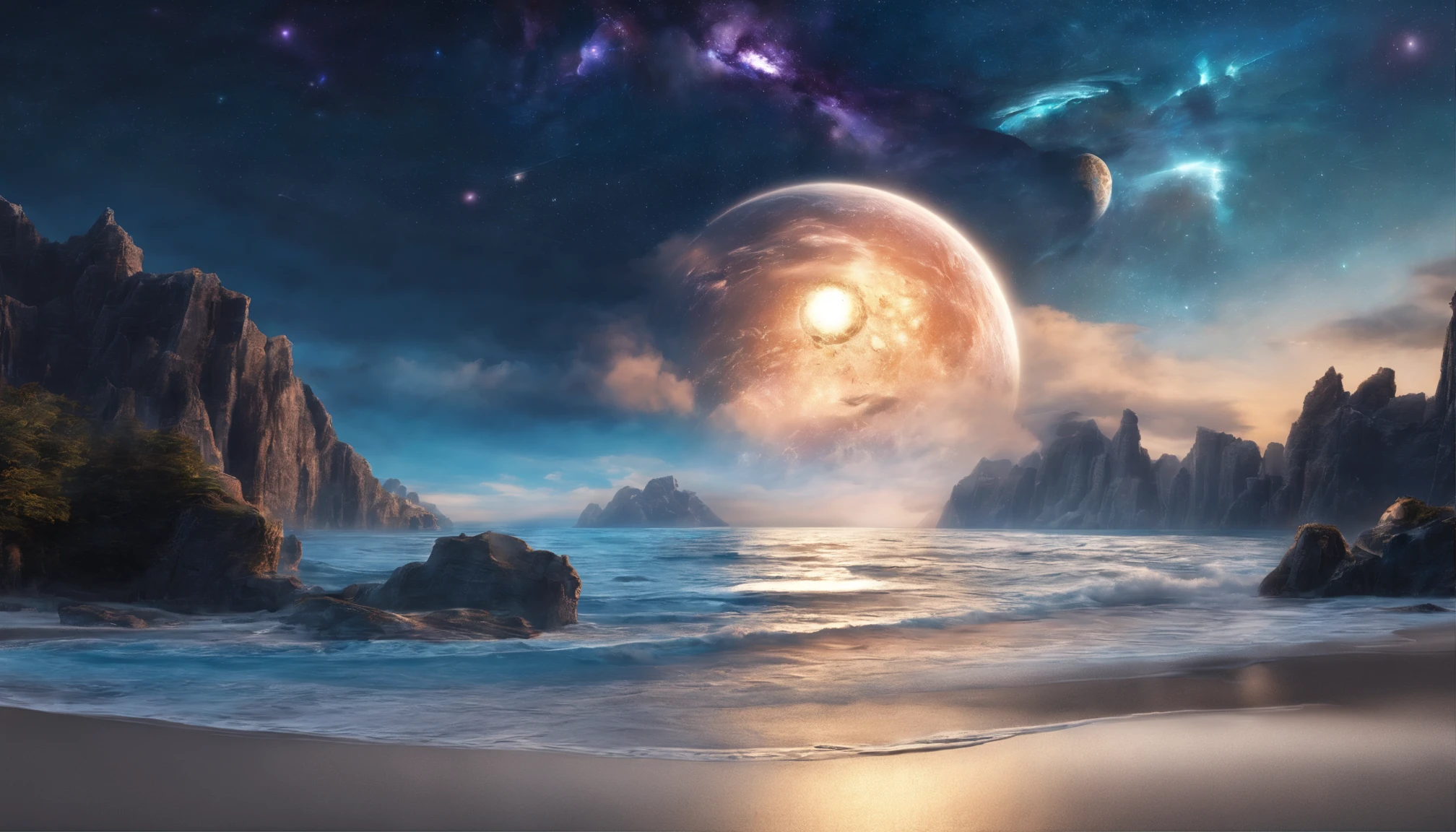 huge planet, the night, starrysky, surrealism, masutepiece, hight resolution、Impressive Milky Way:1.9、sand beach、Vast blue ocean、Blue glacier、lightning bolt:1.9、Protoplanets、pure beauty
