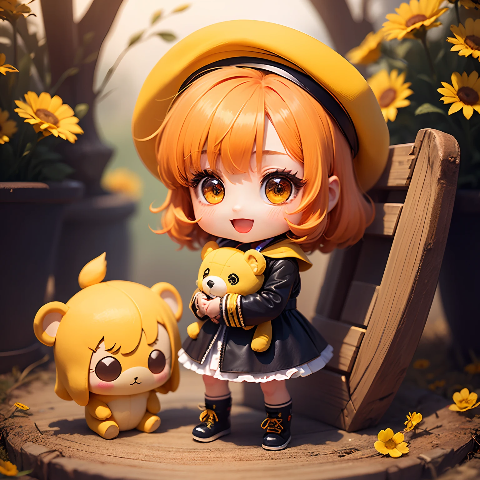 ​masterpiece、top-quality、ultra-detailliert、(Chibi Chara's Daughter:1.2)、Open your mouth and smile、Orange hair color、Yellow beret、Orange-yellow wraith、Orange and yellow Marguerite field、Hugging a yellow stuffed animal、Standing、