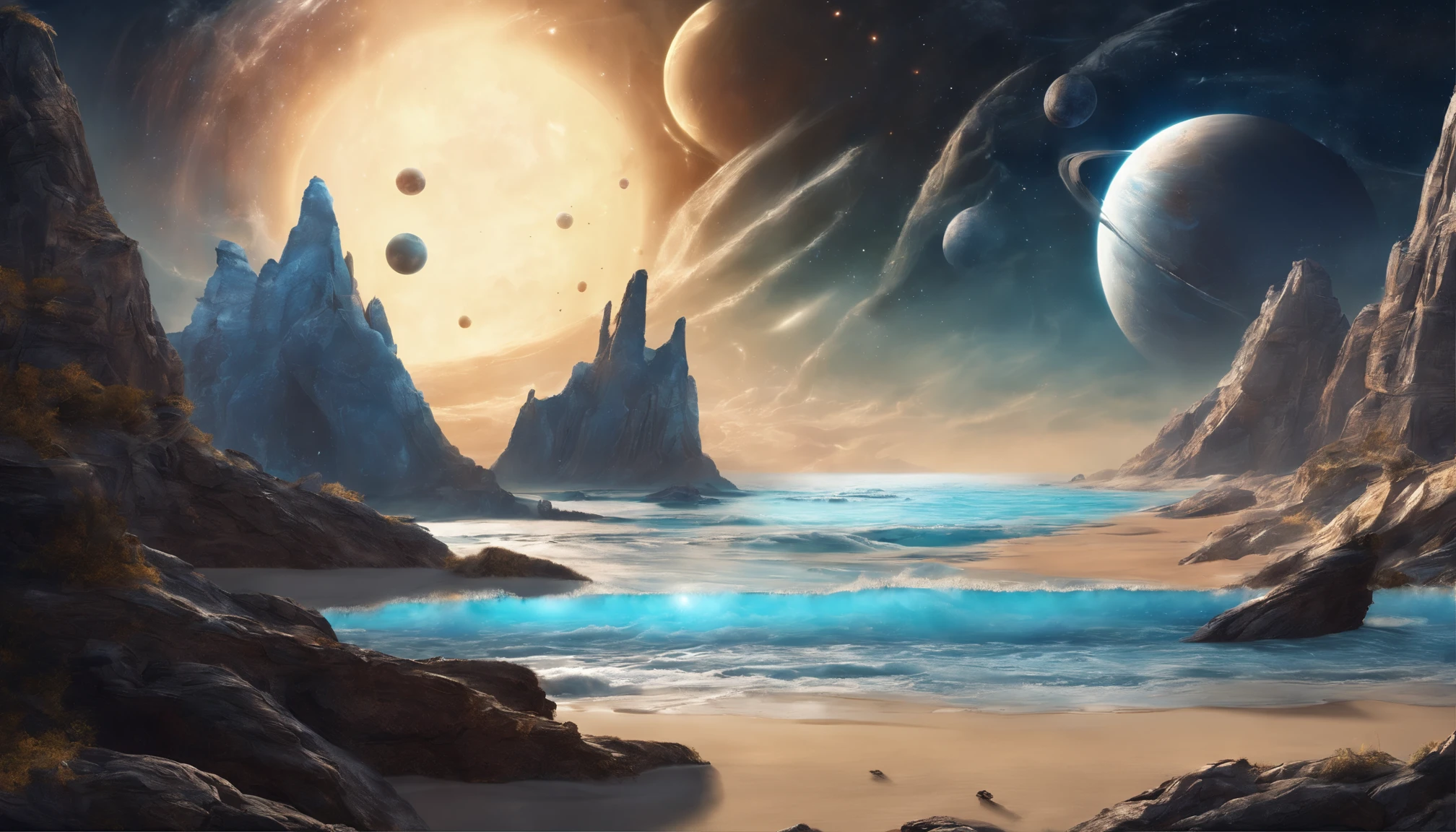 huge planet, the night, starrysky, surrealism, masutepiece, hight resolution、Impressive Milky Way:1.9、sand beach、Vast blue ocean、Blue glacier、lightning bolt:1.9、Protoplanets、pure beauty