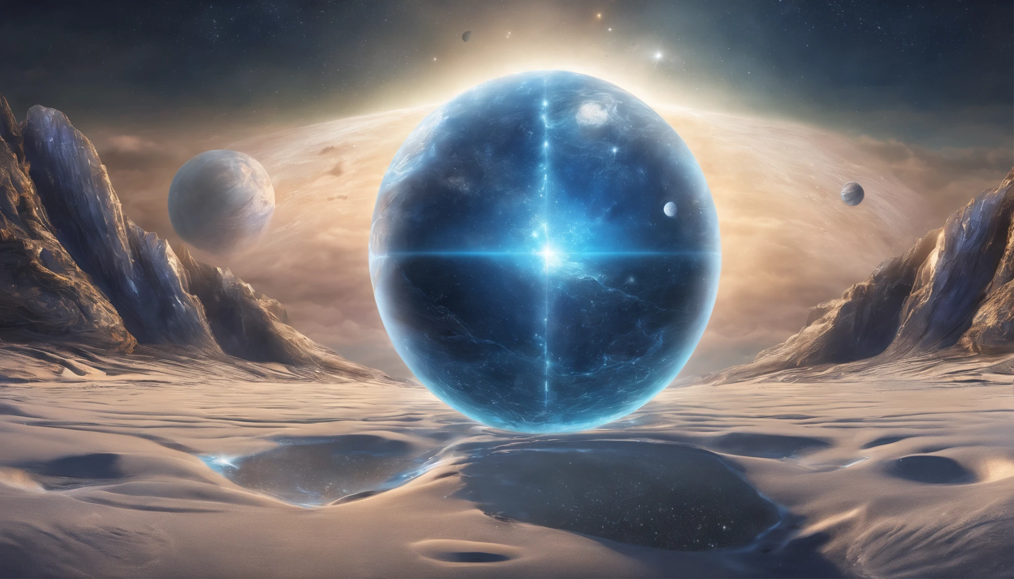 huge planet, the night, starrysky, surrealism, masutepiece, hight resolution、Impressive Milky Way:1.9、sand beach、Vast blue ocean、Blue glacier、lightning bolt:1.9、Protoplanets、pure beauty