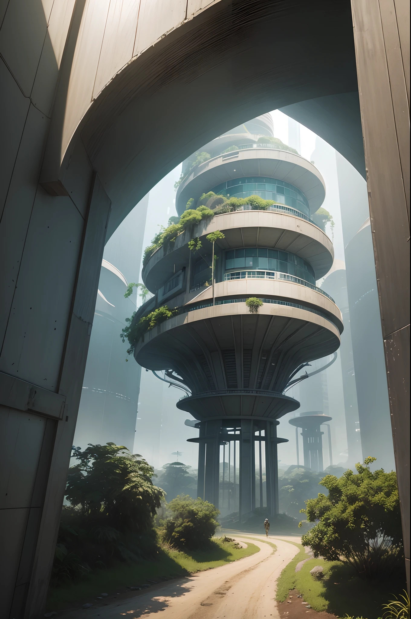 Image seen from the ground by the eye of the observer, em render profissional ultra realista de um complexo de 3 predios secretos de alta tecnologia escondido em meio a selva amazonica brasileira, que possuem antenas parabolicas ultra futuristas, pista de pouso e decolagem de aeronaves futuristas, pessoas com uniformes andando pela base, vista em primeira pessoa, Ultra-realistic rendering of futuristic textures and vehicles, pintura digital brilhante ultra realista, obra prima, cenario, 8k ultra realista, complexo de edificios futuristas em meio a selba amazonica, base secreta futorista em meio a floresta amazonica 8k ultra realista render profissional 8k pinura digital