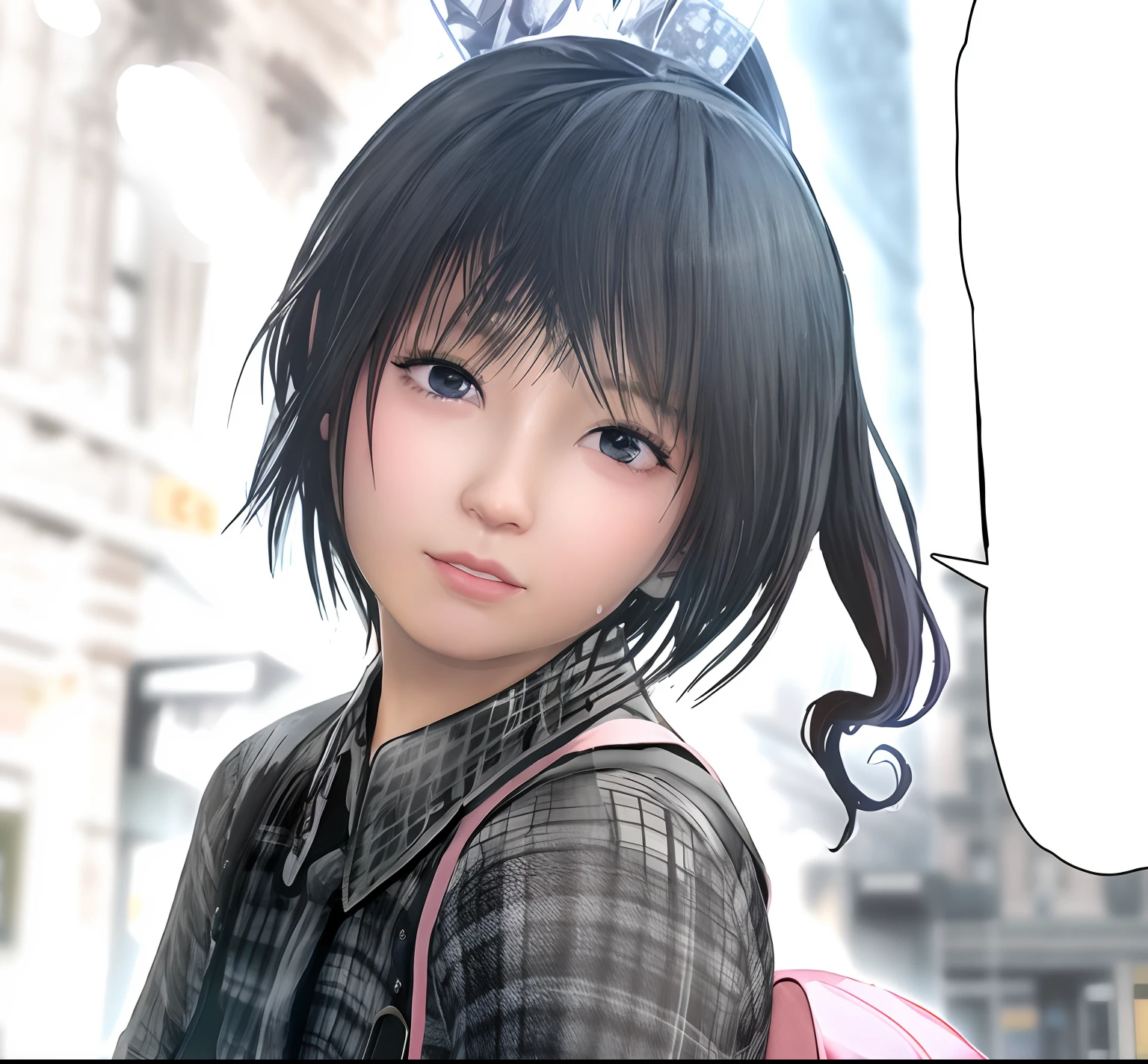 Anime girl with pink backpack and speech bubbles, photorealistic anime girl render, 3 d anime realistic, Smooth Anime CG Art, realistic anime 3 d style, render of a cute 3d anime girl, realistic young anime girl, photorealistic anime, Anime Realism Style, realistic anime art style, 3d anime girl, kawaii realistic portrait, anime styled 3d
