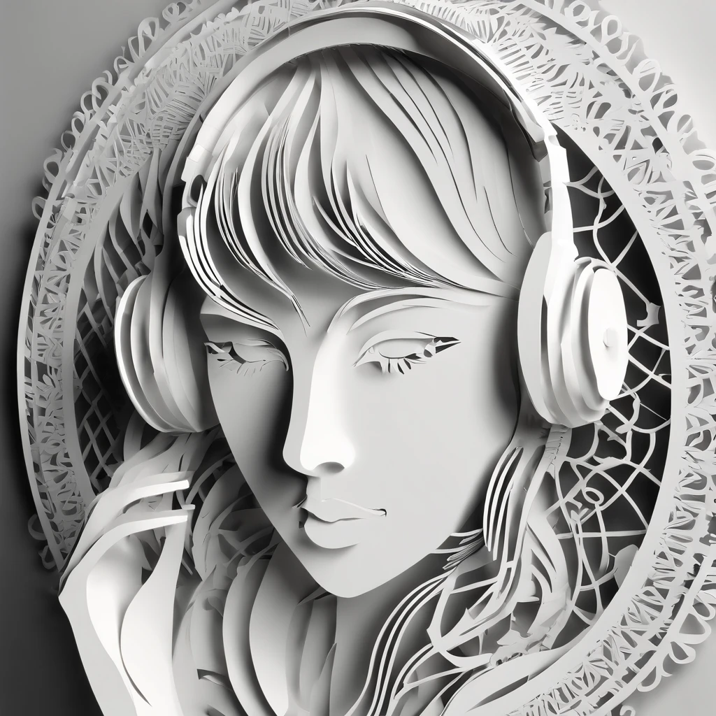 woman with headphone telemarketing paper cut