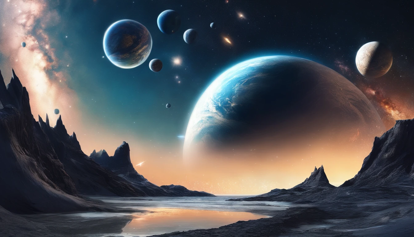 huge planet, the night, starrysky, surrealism, masutepiece, hight resolution、Impressive Milky Way:1.9、sand beach、Vast blue ocean、Blue glacier、lightning bolt:1.9、Protoplanets、pure beauty、Planets to discharge