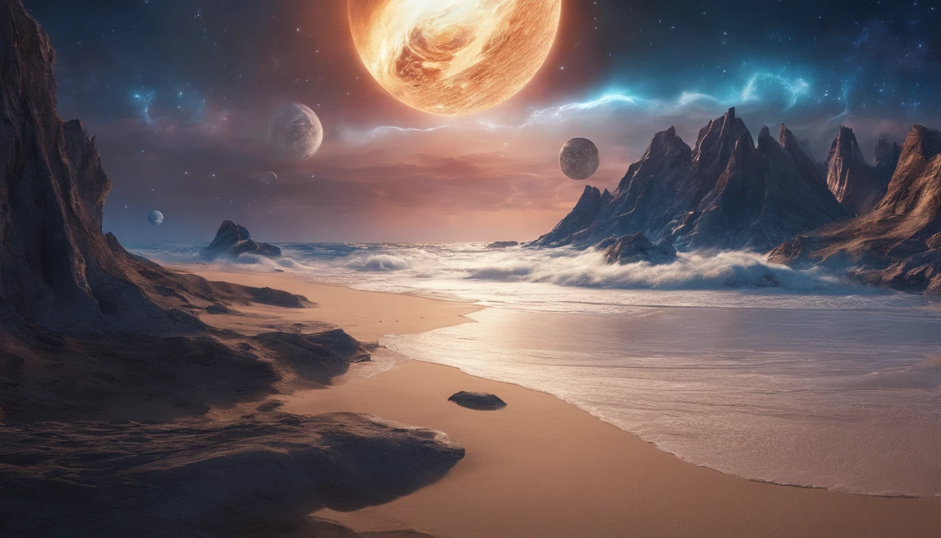 huge planet, the night, starrysky, surrealism, masutepiece, hight resolution、Impressive Milky Way:1.9、sand beach、Vast blue ocean、Blue glacier、lightning bolt:1.9、Protoplanets、pure beauty、Planets to discharge