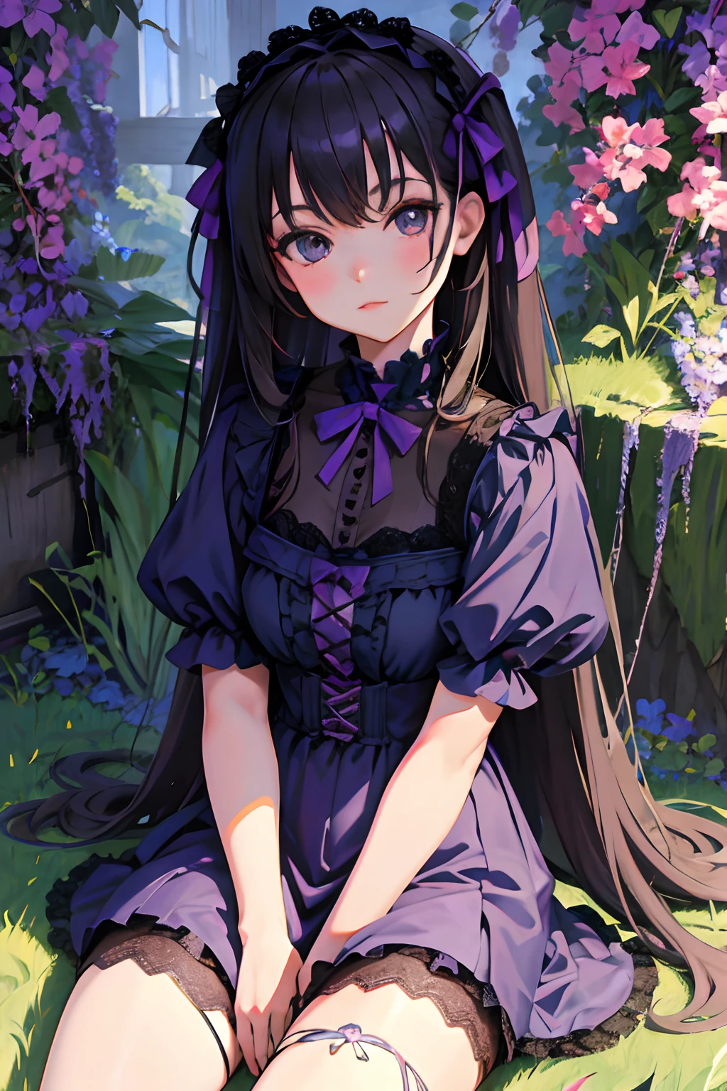hand between legs,,(masterpiece,Highest Quality),Purple Gothic Lolita,Pasture,A dark-haired