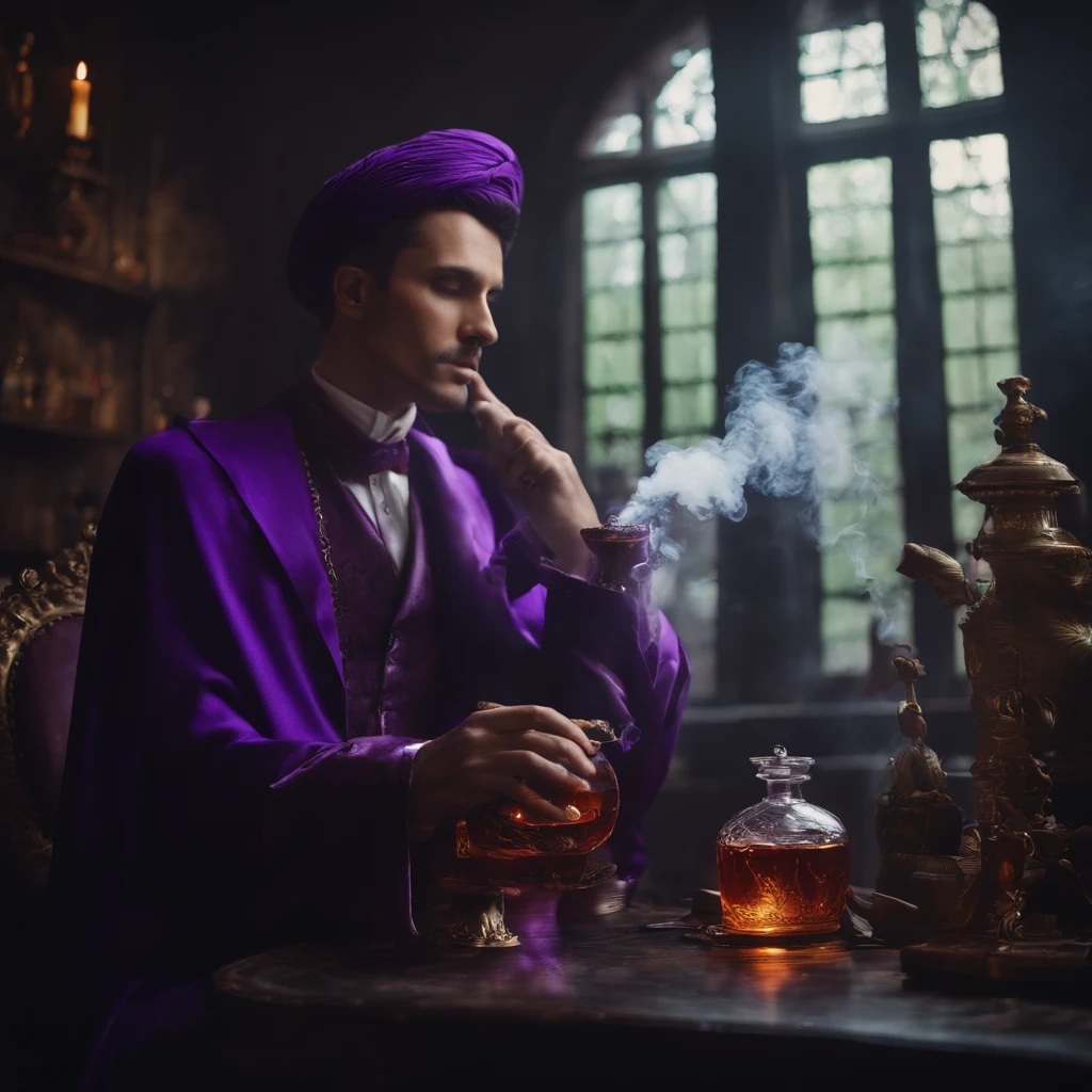Pixel alchemist hue_The man in purple held the potion smoke_Deep purple beautiful modern