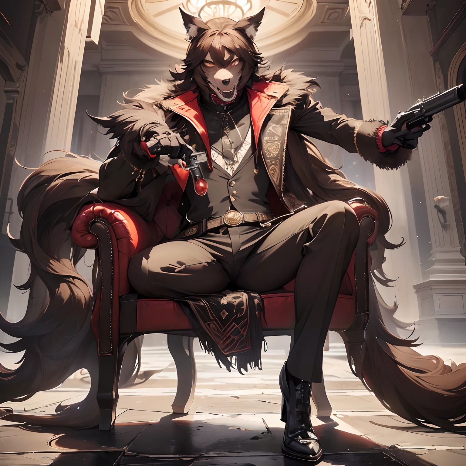 ((((werewolf man,Stylish outfit , Gnawing hard meat, Exudes elegance, One Man, Deep brown hair, Wearing elegant accessories, Holding a gun))), Full body, No background, Striped hair, eye reflections, high detailing, Gothic art, Baroque Motion Blur, Ray tracing, Reflected Light, multiple views, Perspective, ultra wide-angle, masutepiece, Anatomically correct, Textured Leather, Super Detail, high detailing, High quality, Better Quality