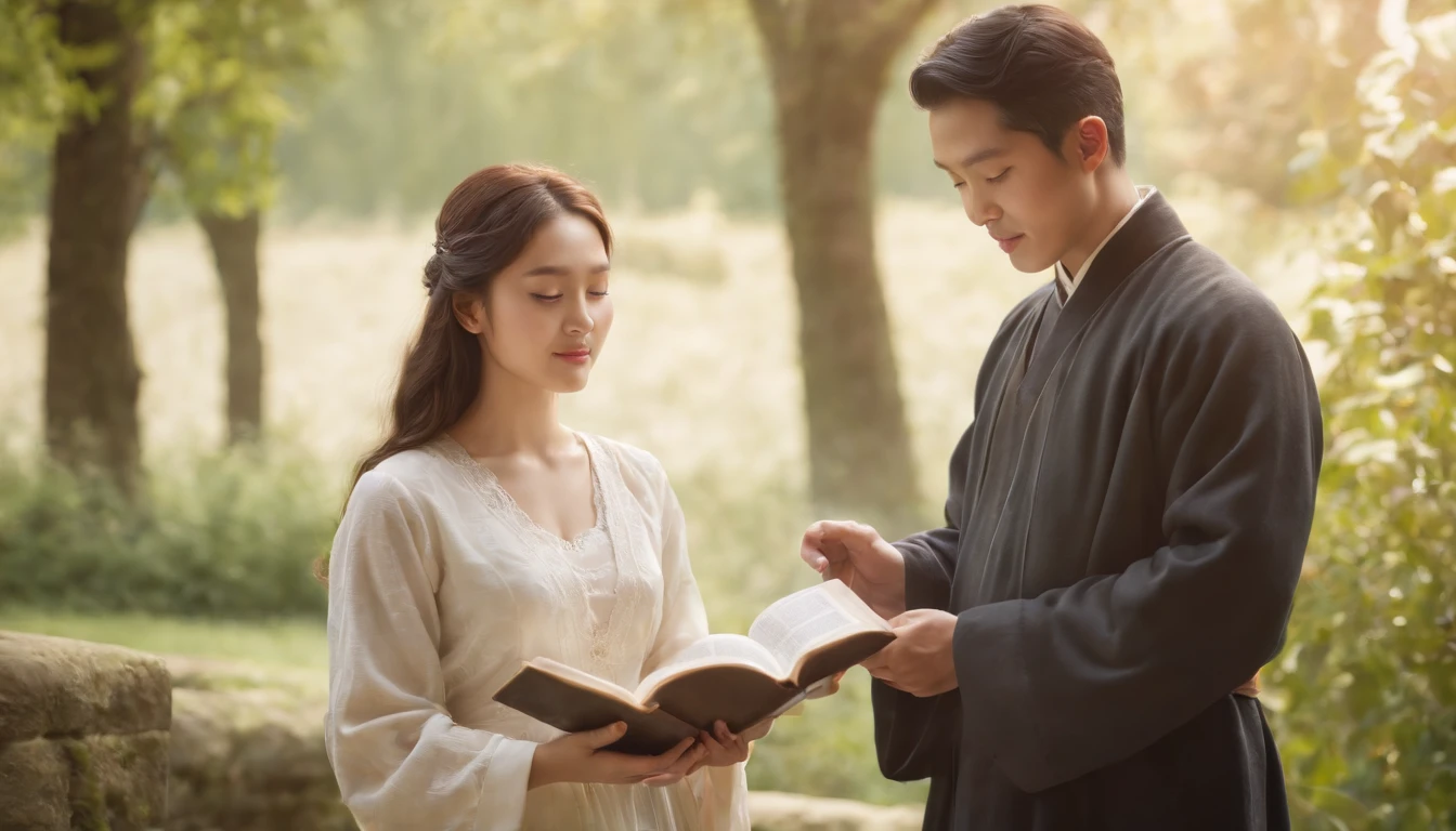 (Best Quality,Ultra-detailed,realisitic:1.37),portrait of a,Korean men and women reading the Bible,Oil Painting,Cathedral attire, View of the cathedral in the distance,Peaceful garden scene,Soft sunlight,tranquil expression,wisdom,Bible Quotes,vibrant colours,delicate brushwork,subtle textures,lush greenery,Contemplative atmosphere,Beautiful picture book,Highlighted features:Eyes in focus,gentle smiling,Graceful posture,Sunlight shining through the trees,rays,Quiet surroundings,serene ambiance,A Blessed Moment