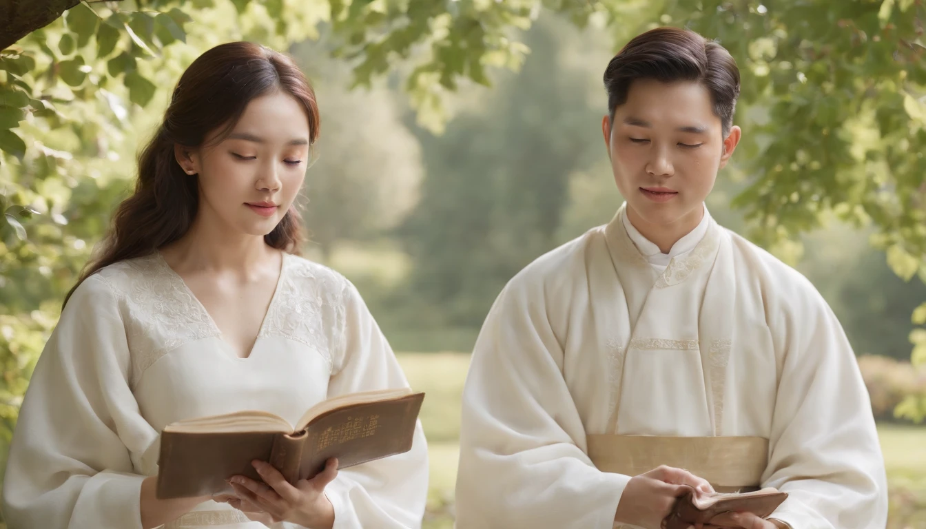 (Best Quality,Ultra-detailed,realisitic:1.37),portrait of a,Korean men and women reading the Bible,Oil Painting,Cathedral attire, View of the cathedral in the distance,Peaceful garden scene,Soft sunlight,tranquil expression,wisdom,Bible Quotes,vibrant colours,delicate brushwork,subtle textures,lush greenery,Contemplative atmosphere,Beautiful picture book,Highlighted features:Eyes in focus,gentle smiling,Graceful posture,Sunlight shining through the trees,rays,Quiet surroundings,serene ambiance,A Blessed Moment