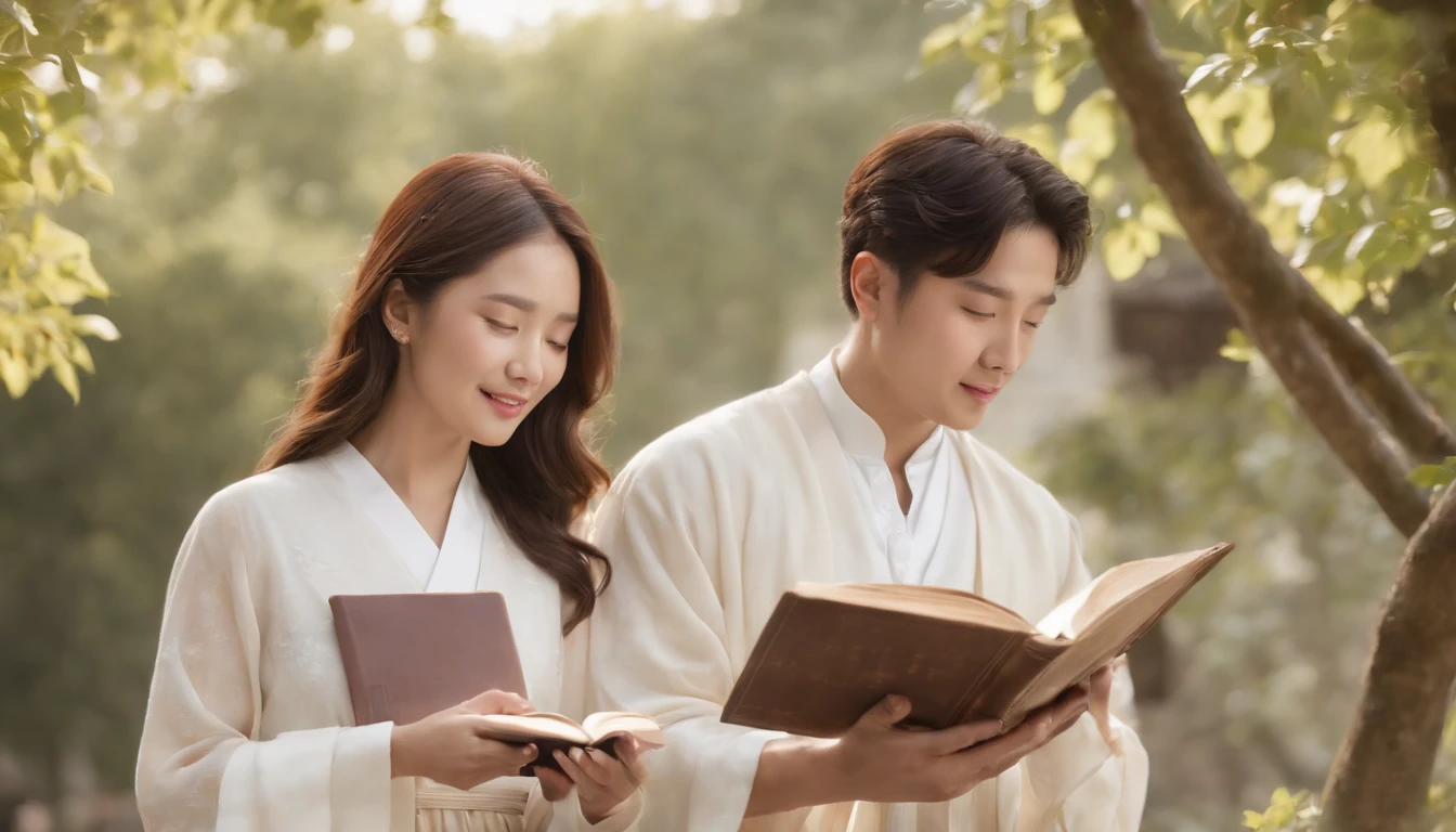 (Best Quality,Ultra-detailed,realisitic:1.37),portrait of a,Korean men and women reading the Bible,Oil Painting,Cathedral attire, View of the cathedral in the distance,Peaceful garden scene,Soft sunlight,tranquil expression,wisdom,Bible Quotes,vibrant colours,delicate brushwork,subtle textures,lush greenery,Contemplative atmosphere,Beautiful picture book,Highlighted features:Eyes in focus,gentle smiling,Graceful posture,Sunlight shining through the trees,rays,Quiet surroundings,serene ambiance,A Blessed Moment