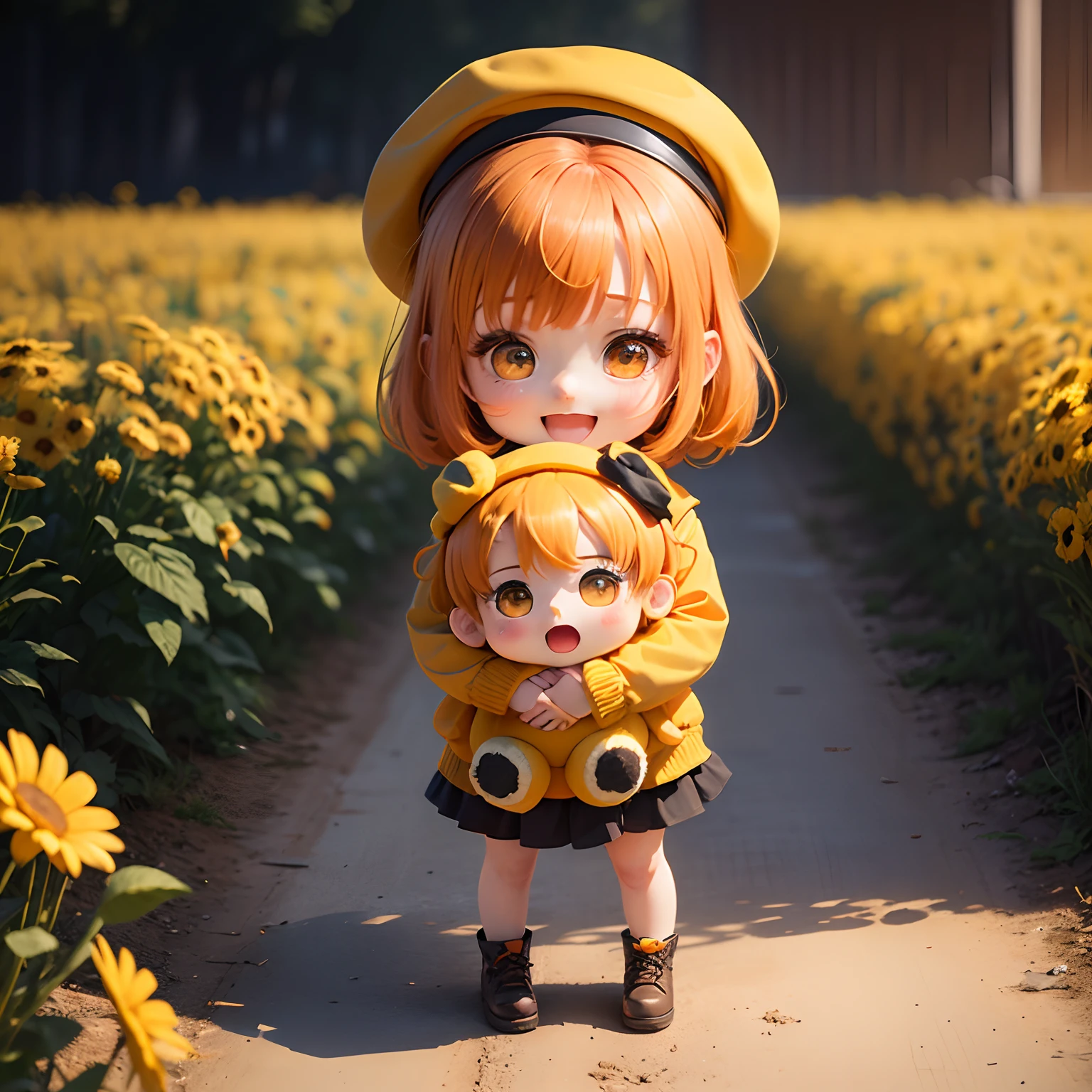 ​masterpiece、top-quality、ultra-detailliert、(Chibi Chara's Daughter:1.2)、Open your mouth and smile、Orange hair color、Yellow beret、Orange Yellow Wraith、Orange and yellow Marguerite field、Hugging a yellow stuffed animal、Standing、
