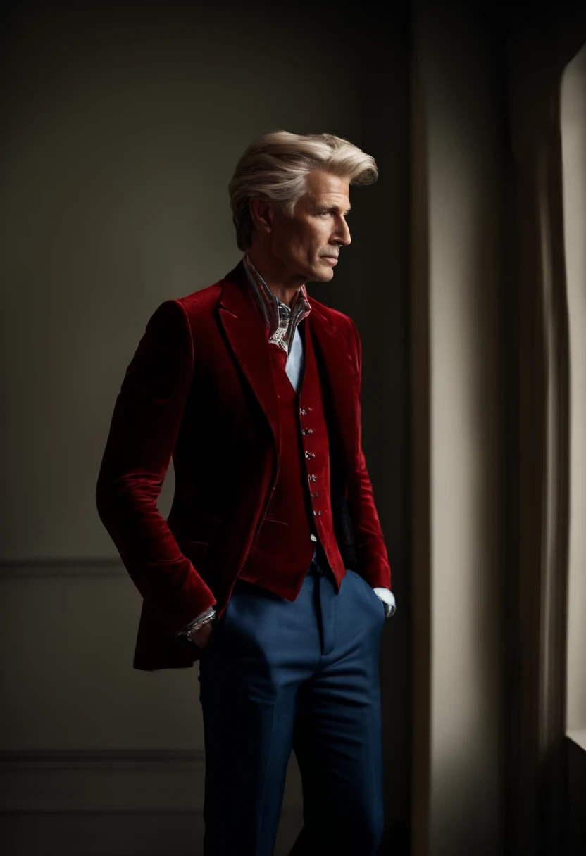 A man with a hand in red , foto no estilo de Patrick Demarchelier. Vestido com uma jaqueta de veludo preta e jeans azul , alto e em forma , (40 anos :1.1), (Barbeado:1.2), (cabelos castanhos muito curtos:1.9),(cabelos muito curtos:1.6). in the style of ethereal beauty, Realistic blue sky, Hasselblad 1600F |, retrato hiper-realista, Cores brilhantes, dynamic lines, liso e polido .