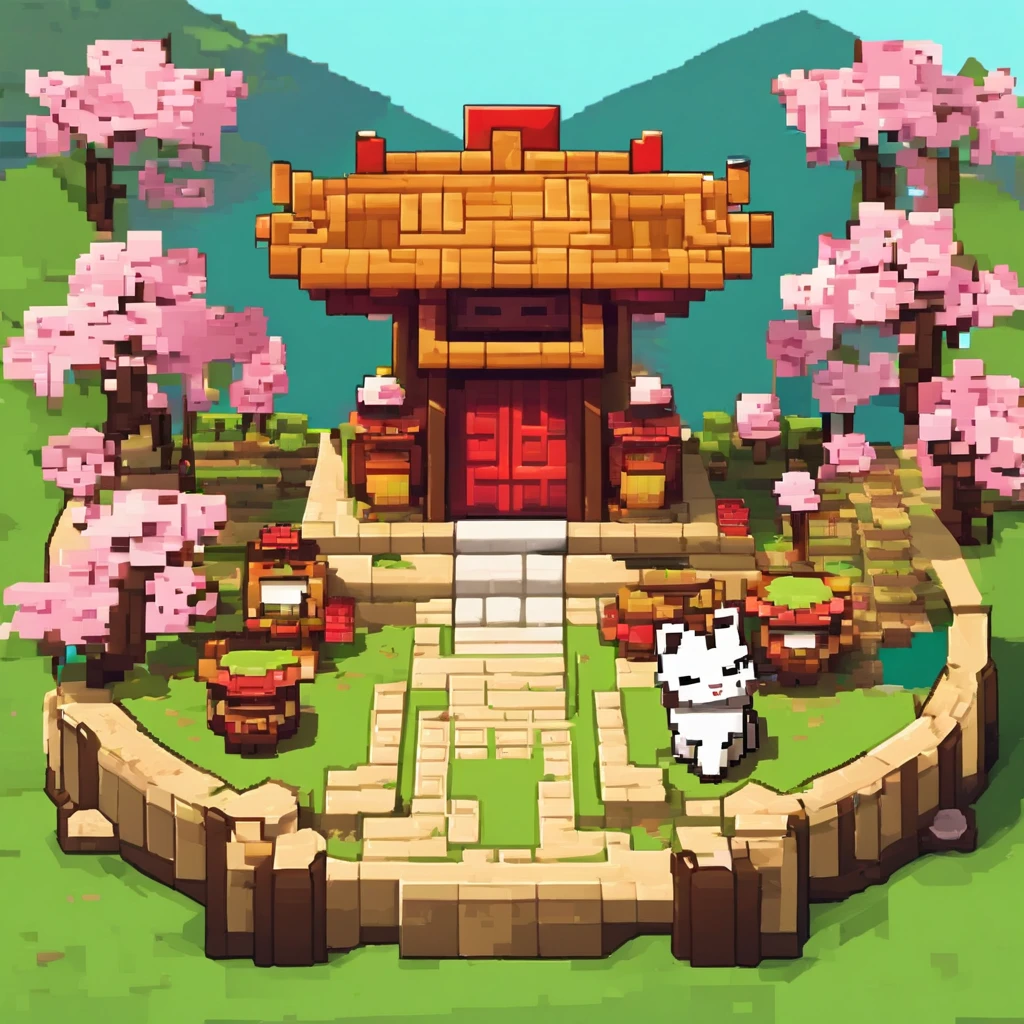 The lucky cat is located inside a round thatched hut, Ancient Chinese building accessories, Cherry blossom trees, grassy fields, rockery