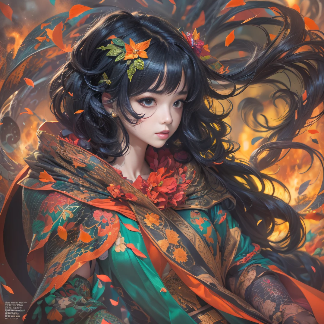 (Girl with bright black hair)(Best quality, A high resolution, Vivid colors, (Cartoon Goddess), (comic strip))Forged hammer pattern,belly-bar,oguchi,Flowing linen cape,sedate,massiness,Shiny and warm