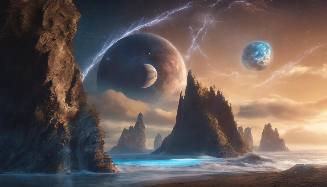 huge planet, the night, starrysky, surrealism, masutepiece, hight resolution、Impressive Milky Way:1.9、sand beach、Vast blue ocean、Blue glacier、lightning bolt:1.9、Protoplanets、pure beauty、Planets to discharge:1.9